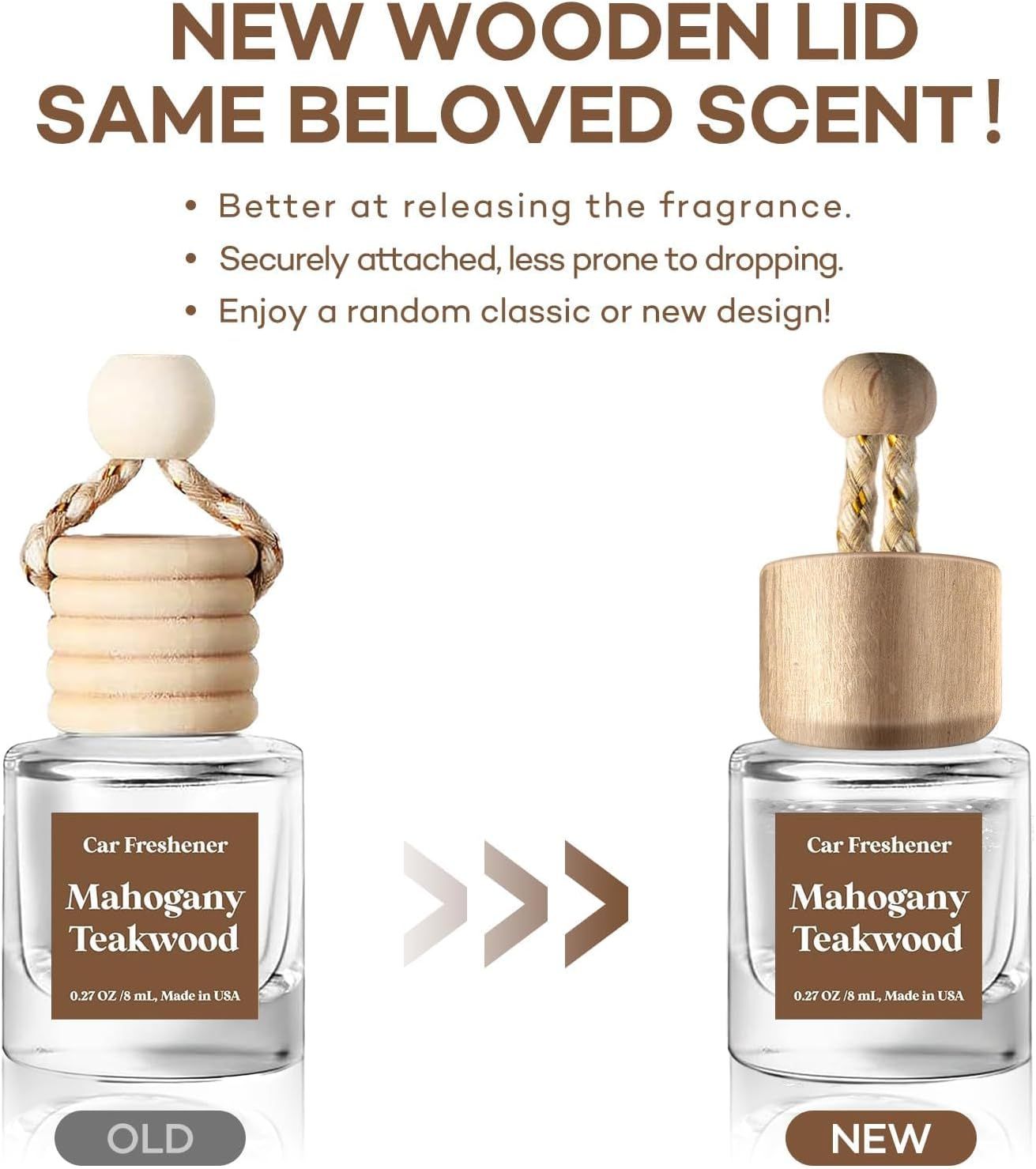 Highlights the product's new wooden lid design and its benefits of better fragrance release and more secure attachment.