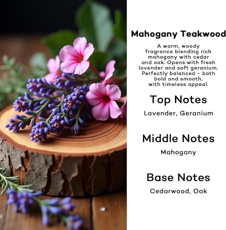 Communicates the scent profile of the Mahogany Teakwood fragrance, highlighting its key notes to appeal to customers interested in woody, floral scents.