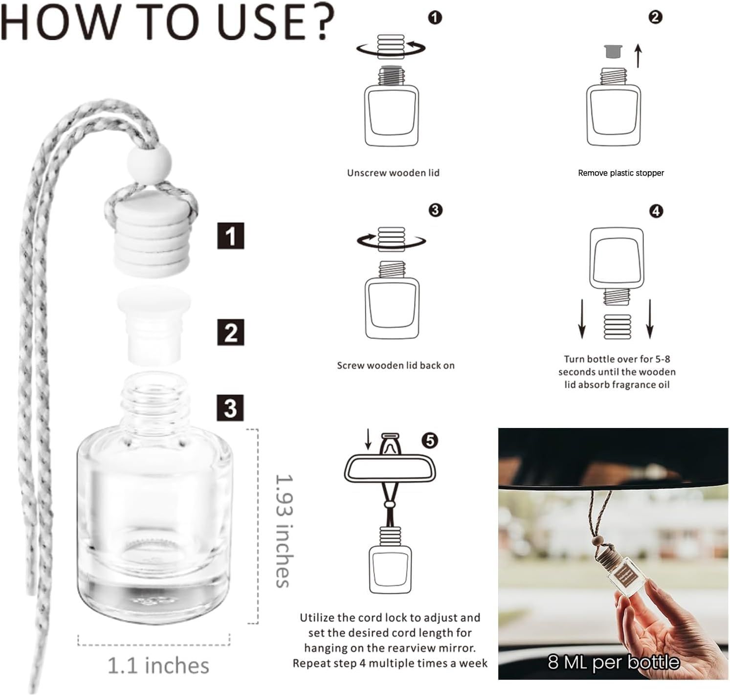 Provides step-by-step instructions on how to use and refill a car air freshener bottle, ensuring customers understand the proper usage method.