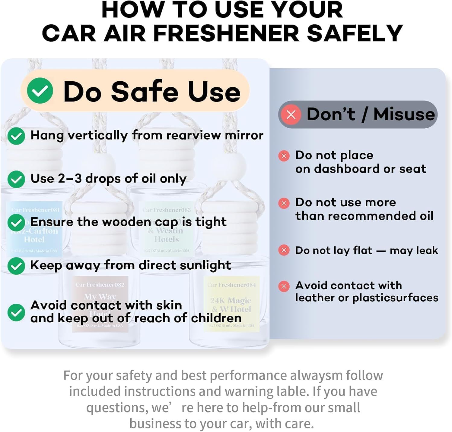 Provides clear instructions on how to safely use and not misuse a car air freshener, helping customers avoid common mistakes and ensure proper usage.