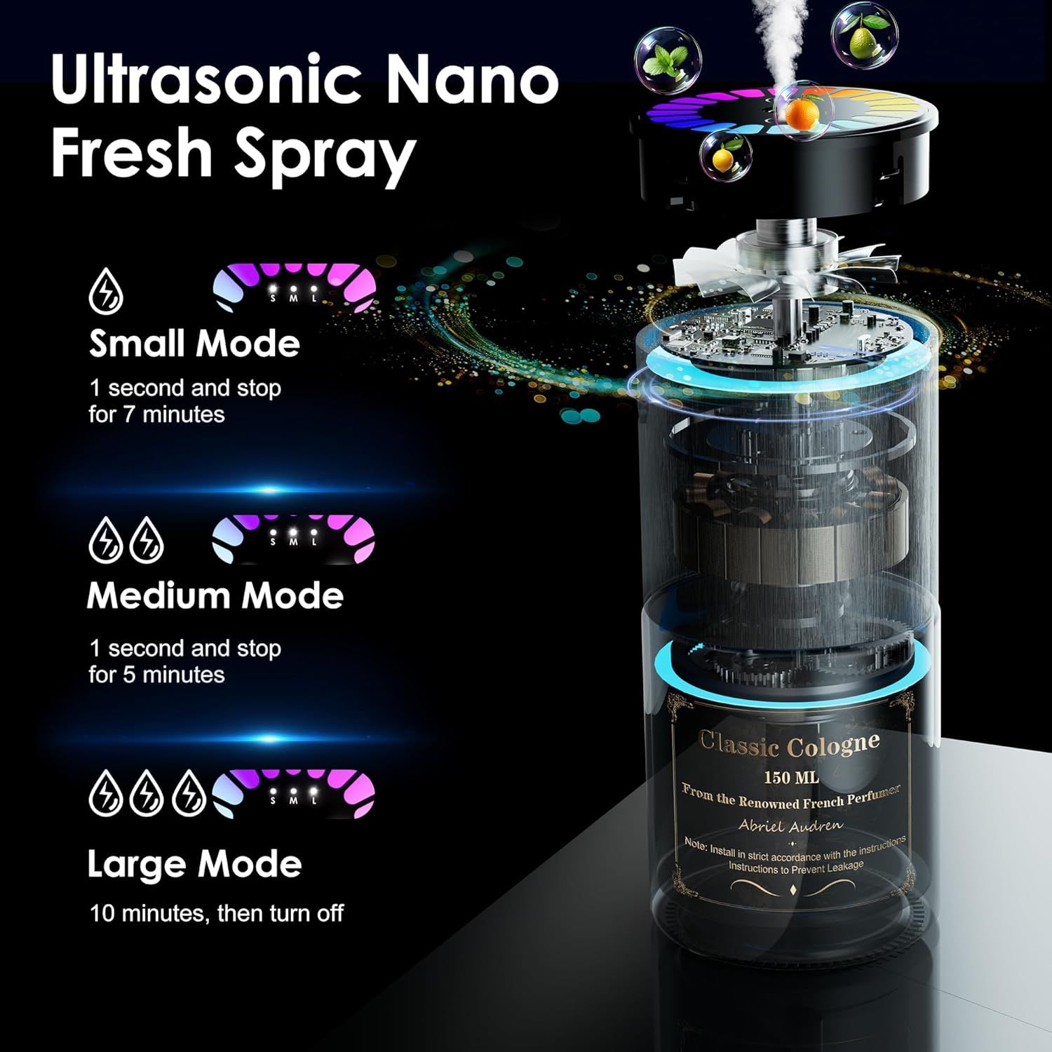 Highlights the product's ultrasonic nano spray technology and its multiple spray modes to demonstrate versatility and effectiveness. Shows the internal structure and components of the device to…