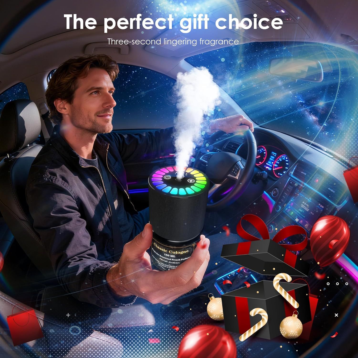 Positions the product as an ideal holiday gift choice, appealing to shoppers looking for presents. Highlights the product's key feature of a long-lasting scent to attract buyers looking for…