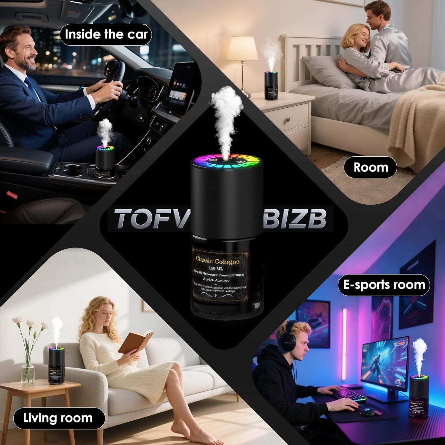 Demonstrates the versatility of the product by showing it can be used in multiple settings, from cars to various rooms in the home.