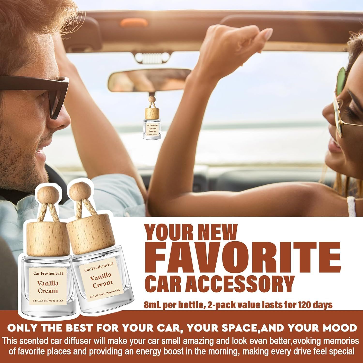 Demonstrates how the product enhances the driving experience by making the car smell good and improving mood. Highlights the product's long-lasting scent, emphasizing that a 2-pack lasts for 120 days.