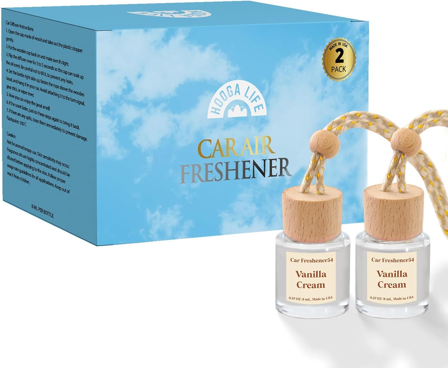 Shows the complete product package, highlighting that customers receive two car air fresheners in vanilla cream scent. Emphasizes the product is made in the USA, which may imply higher quality and…
