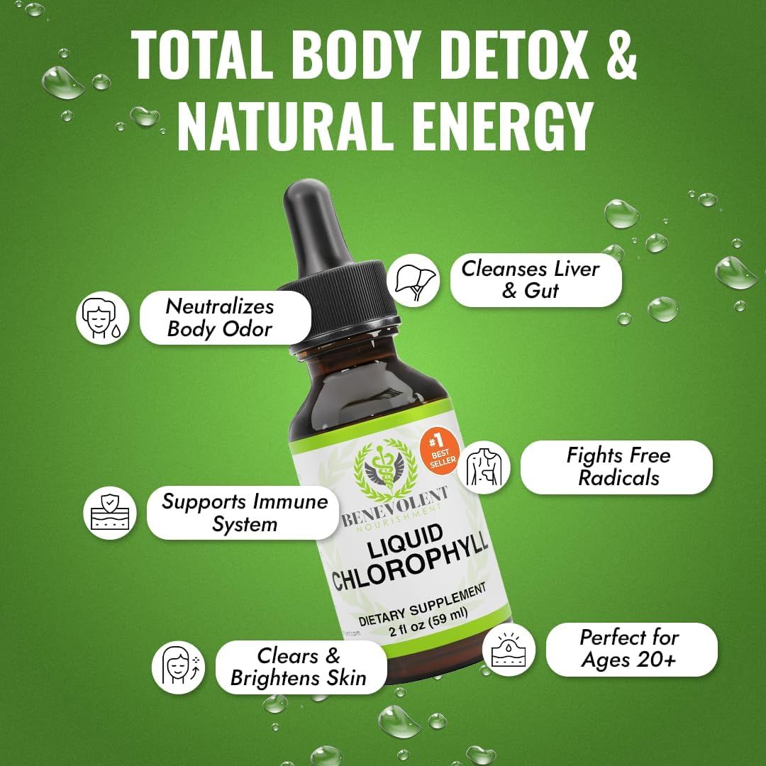 Highlights multiple health benefits of the liquid chlorophyll supplement, including detoxification, energy boost, immune support, and skin improvement.