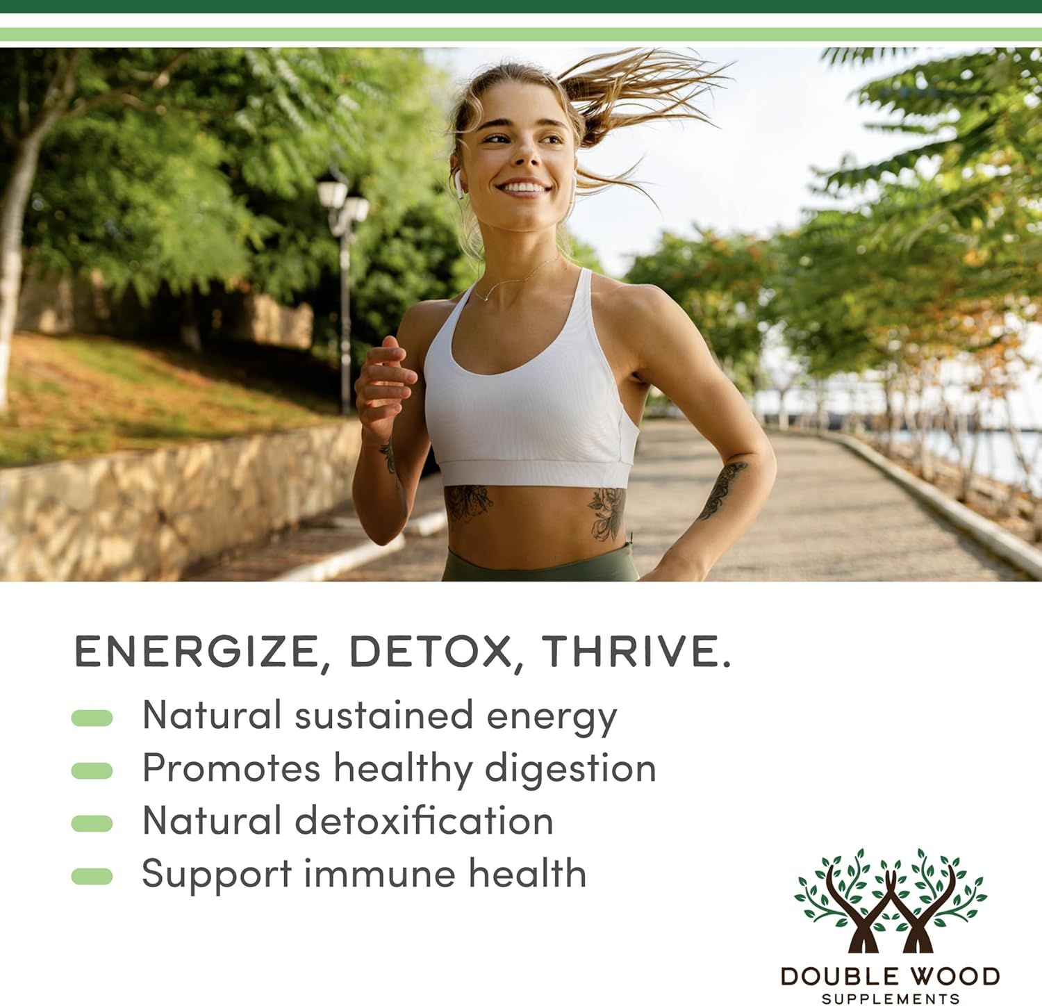 Highlights multiple health benefits of the product to appeal to health-conscious consumers looking for a comprehensive wellness solution. Shows the product in use by an active, healthy person to…