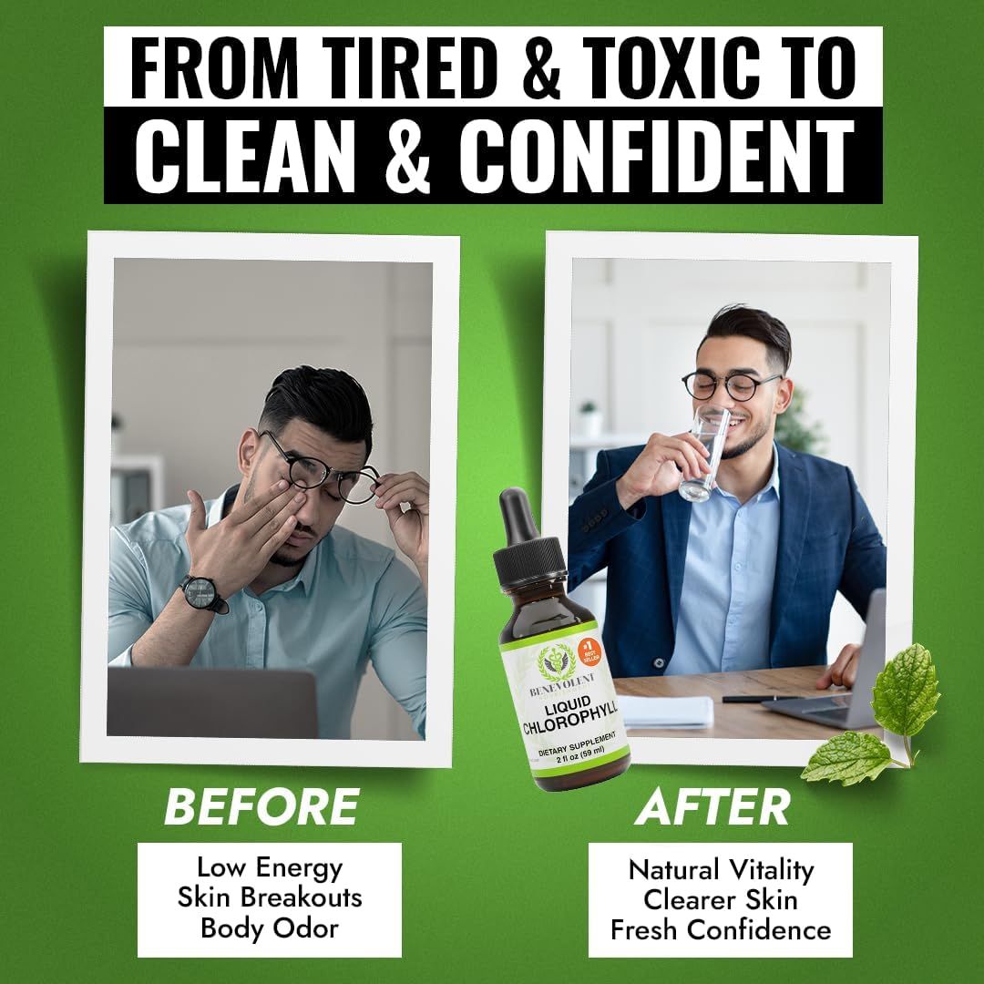 Demonstrates the transformative effects of using the liquid chlorophyll supplement, showing improved energy, skin clarity, and confidence.
