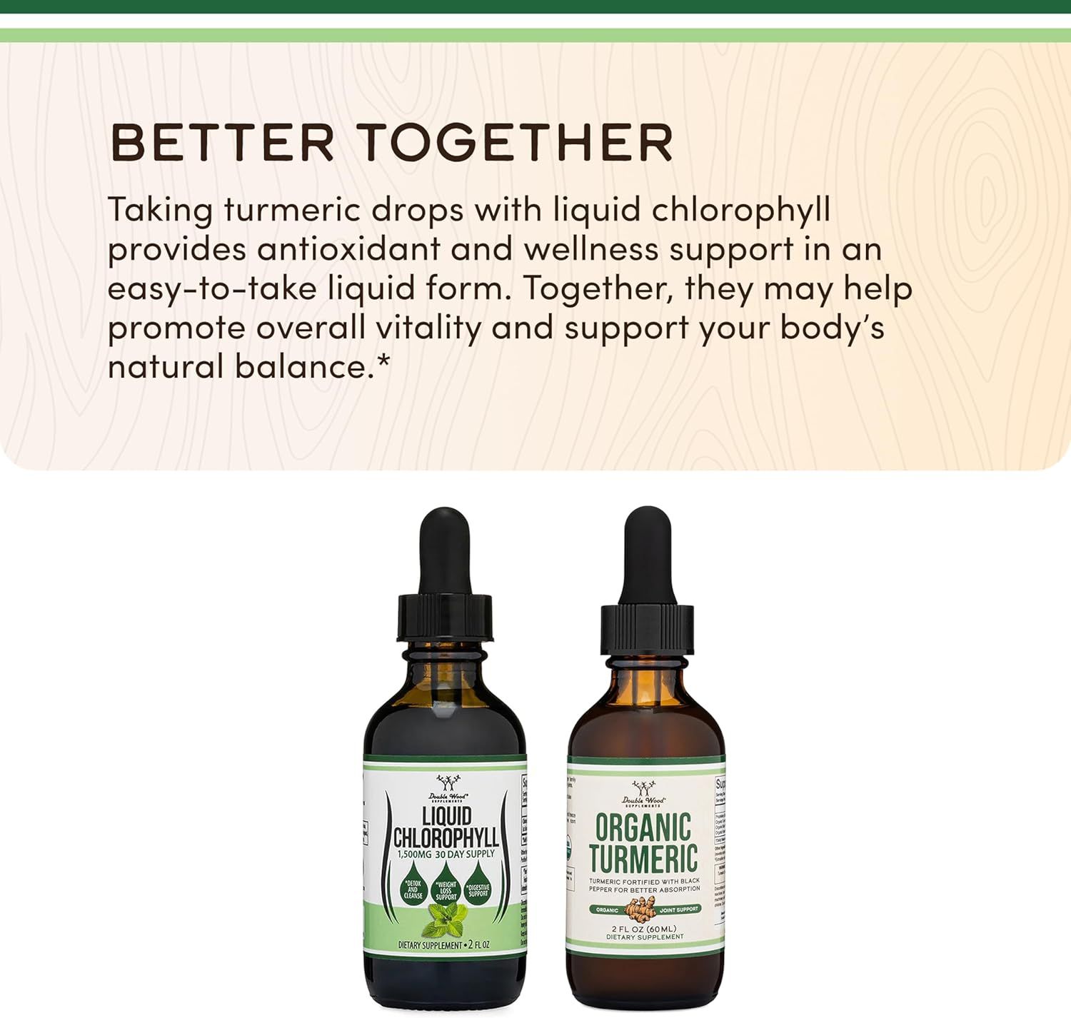 Highlights the combined benefits of taking turmeric drops with liquid chlorophyll for overall vitality and body balance.