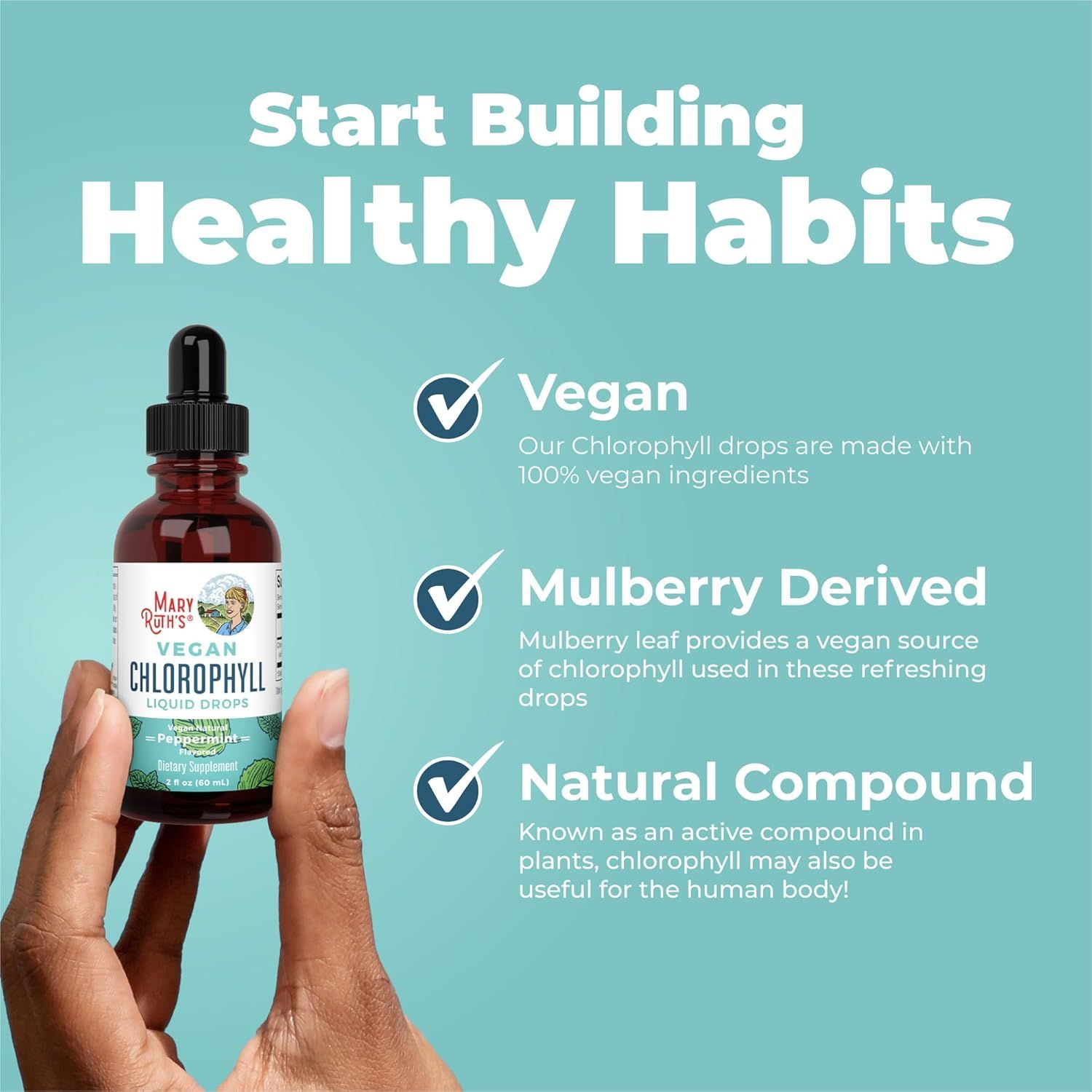 Highlights multiple key features of the chlorophyll drops to emphasize its natural and vegan-friendly qualities, appealing to health-conscious consumers.