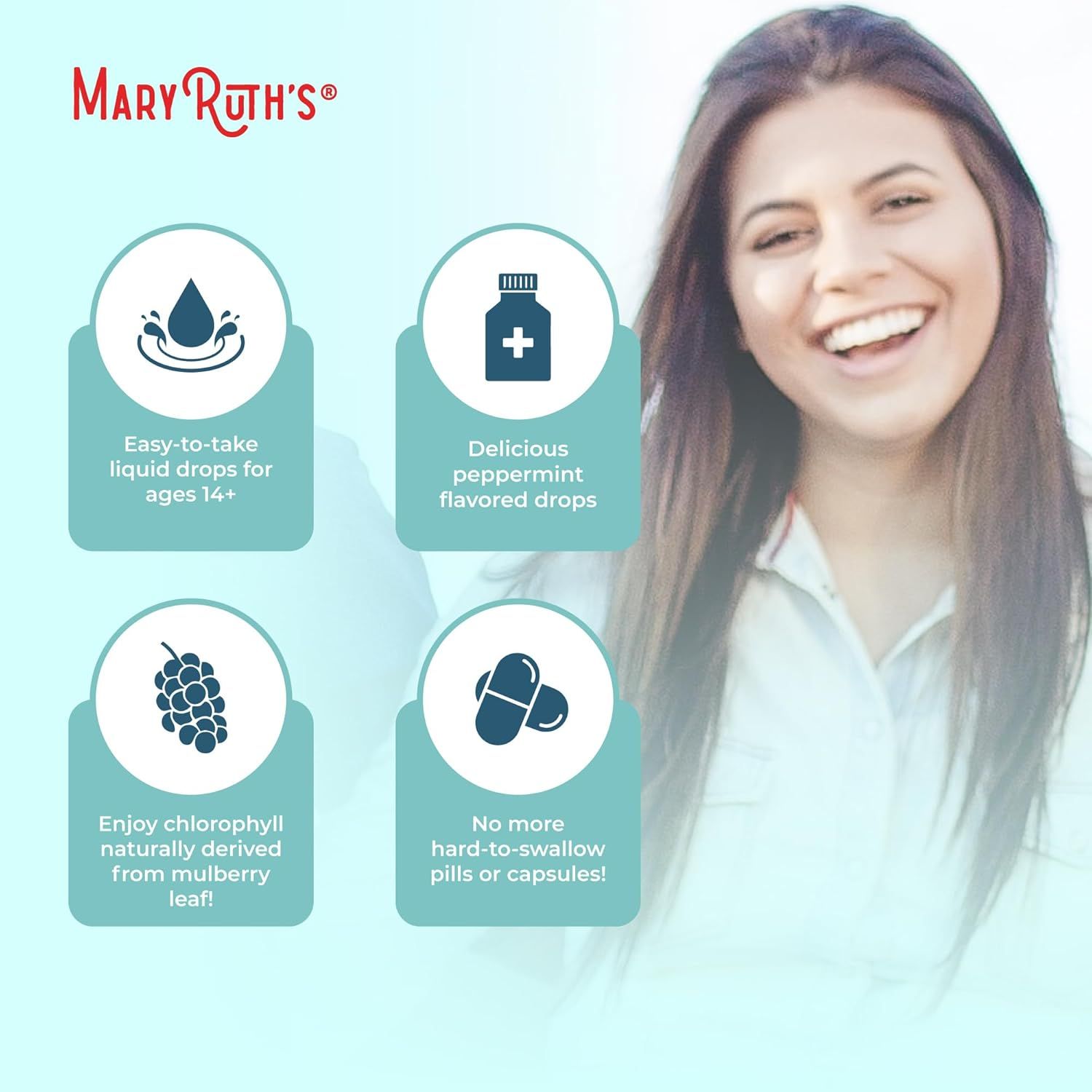 Highlights multiple benefits of the product to show its ease of use and natural ingredients, appealing to health-conscious consumers looking for convenient supplements.
