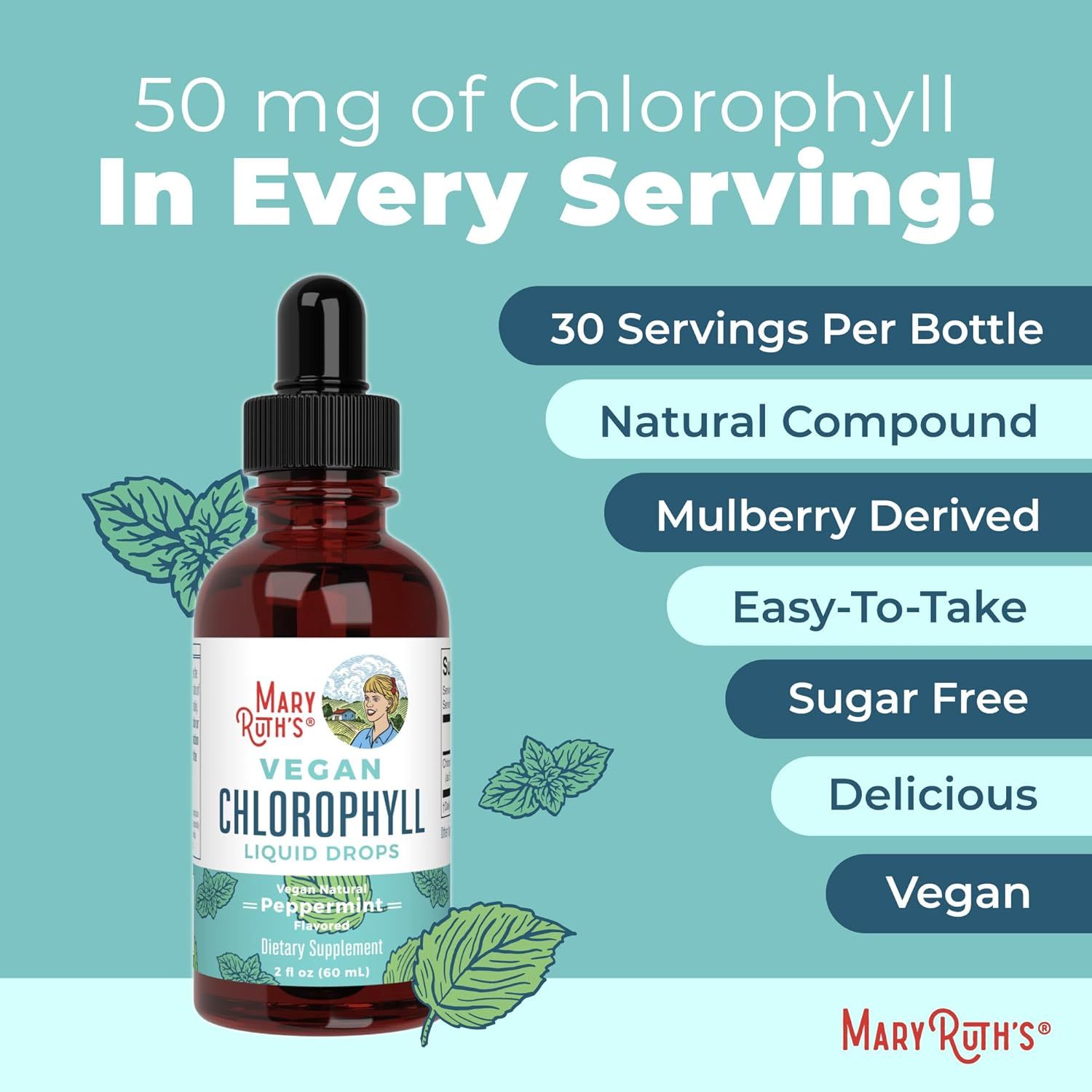 Highlights the high chlorophyll content per serving and the number of servings per bottle to emphasize the product's potency and value. Showcases multiple product features to appeal to…