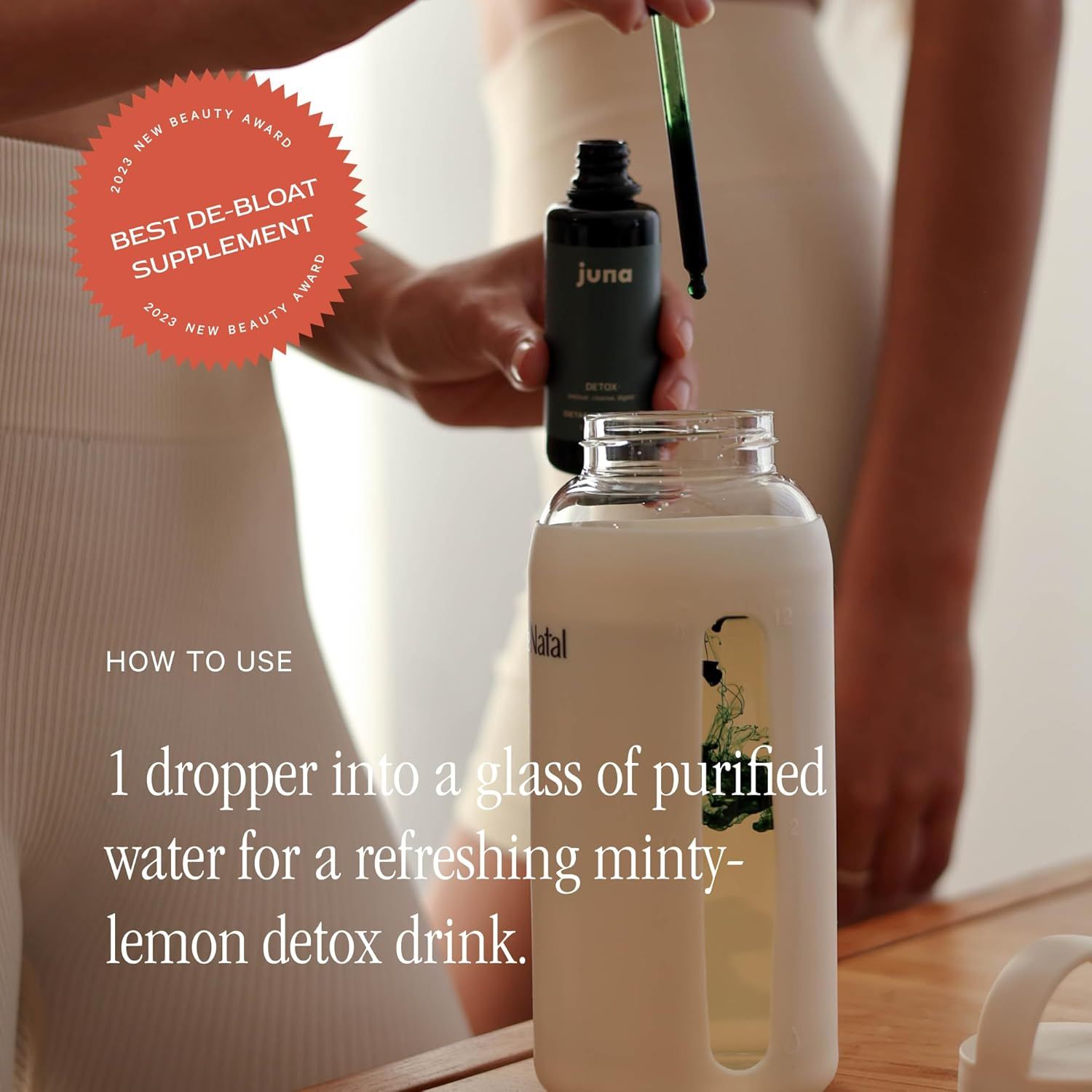 Demonstrates how to use the de-bloat supplement by adding one dropper to water for a detox drink. Highlights the product's award as 'Best De-Bloat Supplement' to build credibility and trust with…