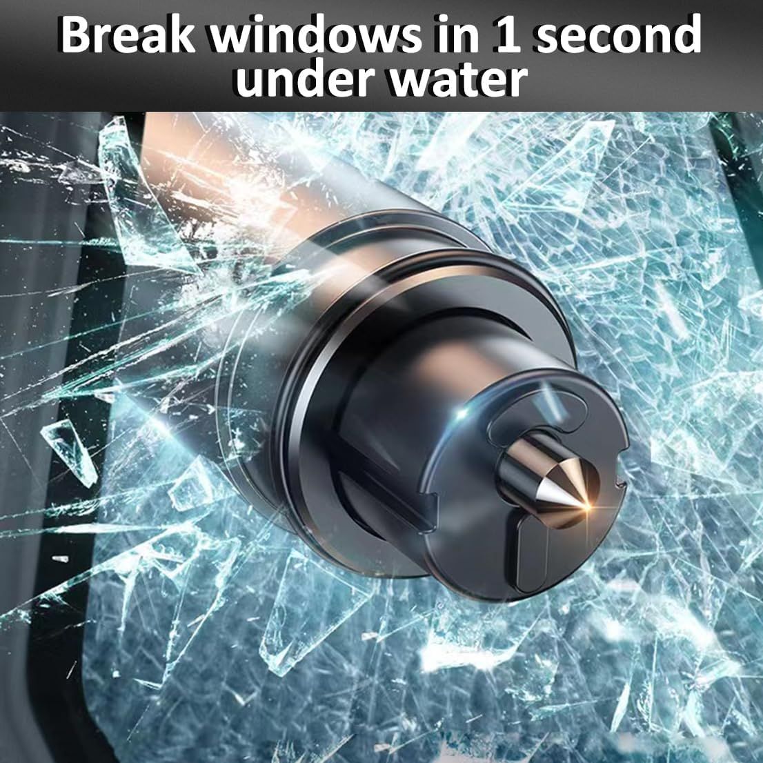 Highlights the product's ability to quickly break windows underwater, emphasizing its effectiveness as a safety tool in emergencies.