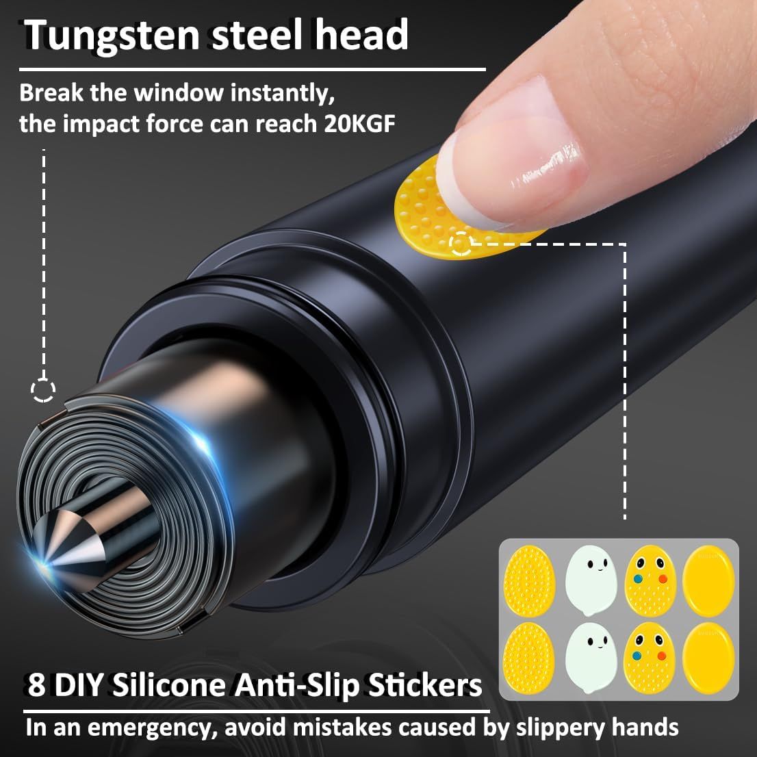 Highlights the product's powerful tungsten steel head that can break windows with high impact force, emphasizing its effectiveness as a safety tool. Shows the included anti-slip stickers to improve…
