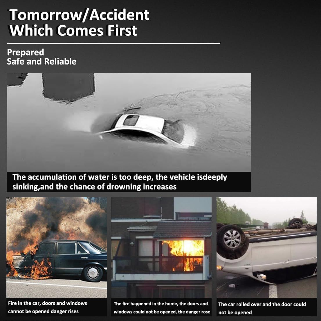 Highlights various dangerous vehicle accident scenarios to emphasize the need for preparedness and safety measures. Demonstrates different emergency situations where a safety product could be…