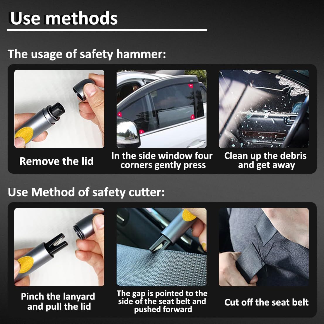 Demonstrates step-by-step instructions for using a safety hammer and safety cutter in emergency situations.
