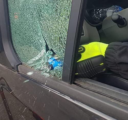 Demonstrates the durability and safety of the vehicle's windows by showing a shattered but intact window pane.