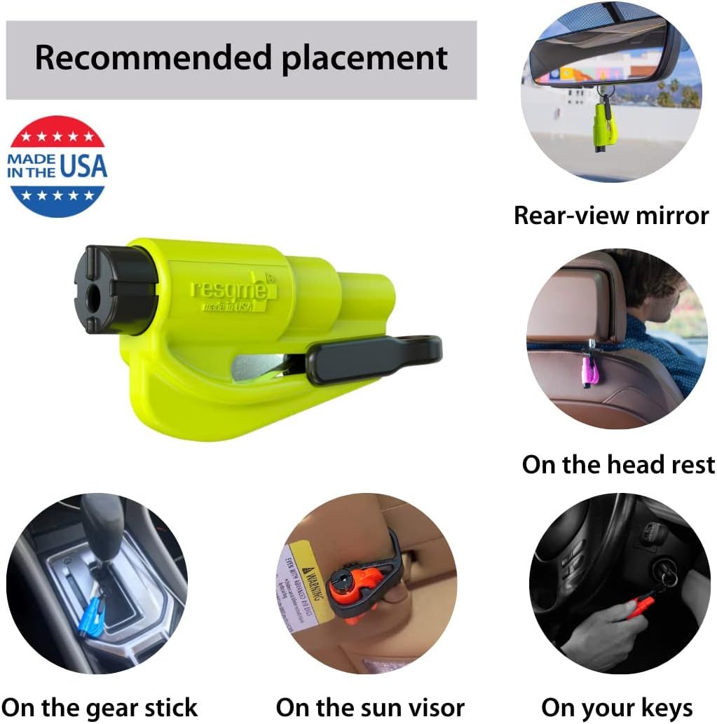 Demonstrates various recommended locations to place or attach the safety device in a vehicle for easy access in emergencies. Shows the versatility of the product by illustrating different ways it…
