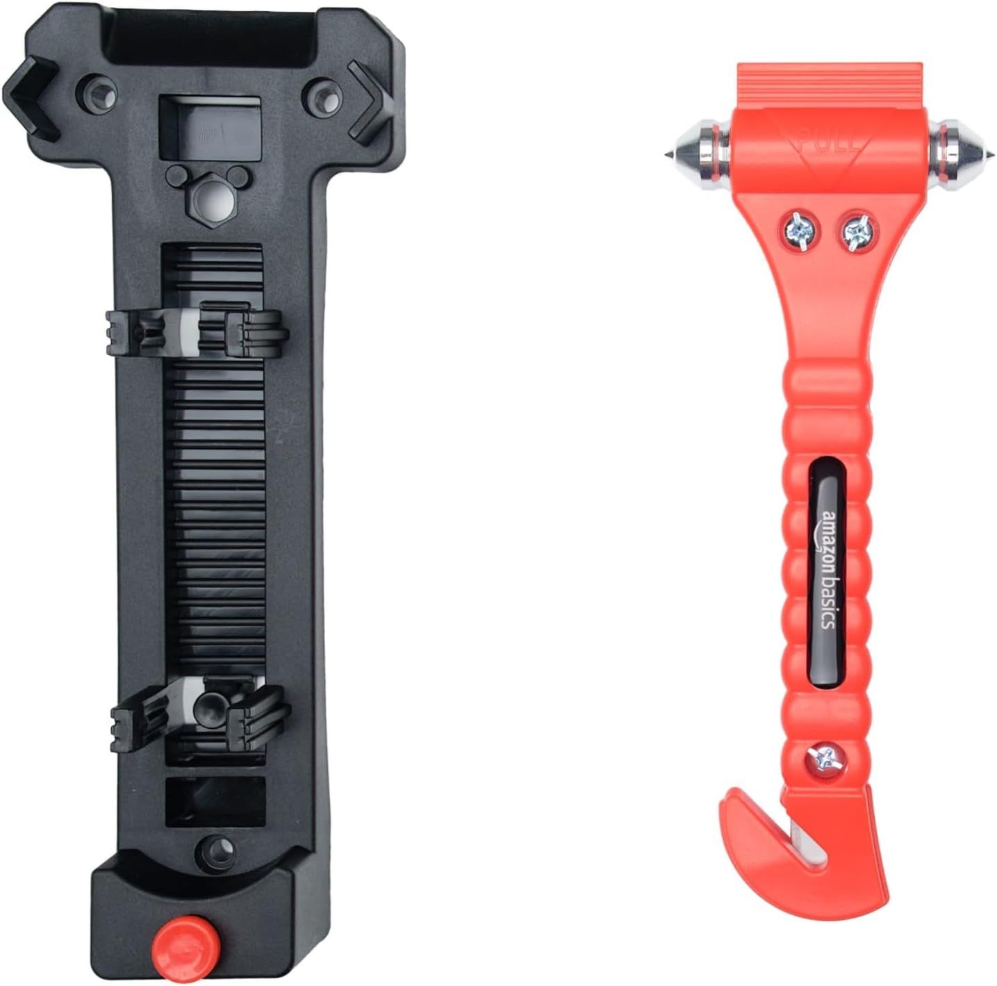 Shows the two key components included in the car safety tool - a window breaking hammer and a seat belt cutting blade.