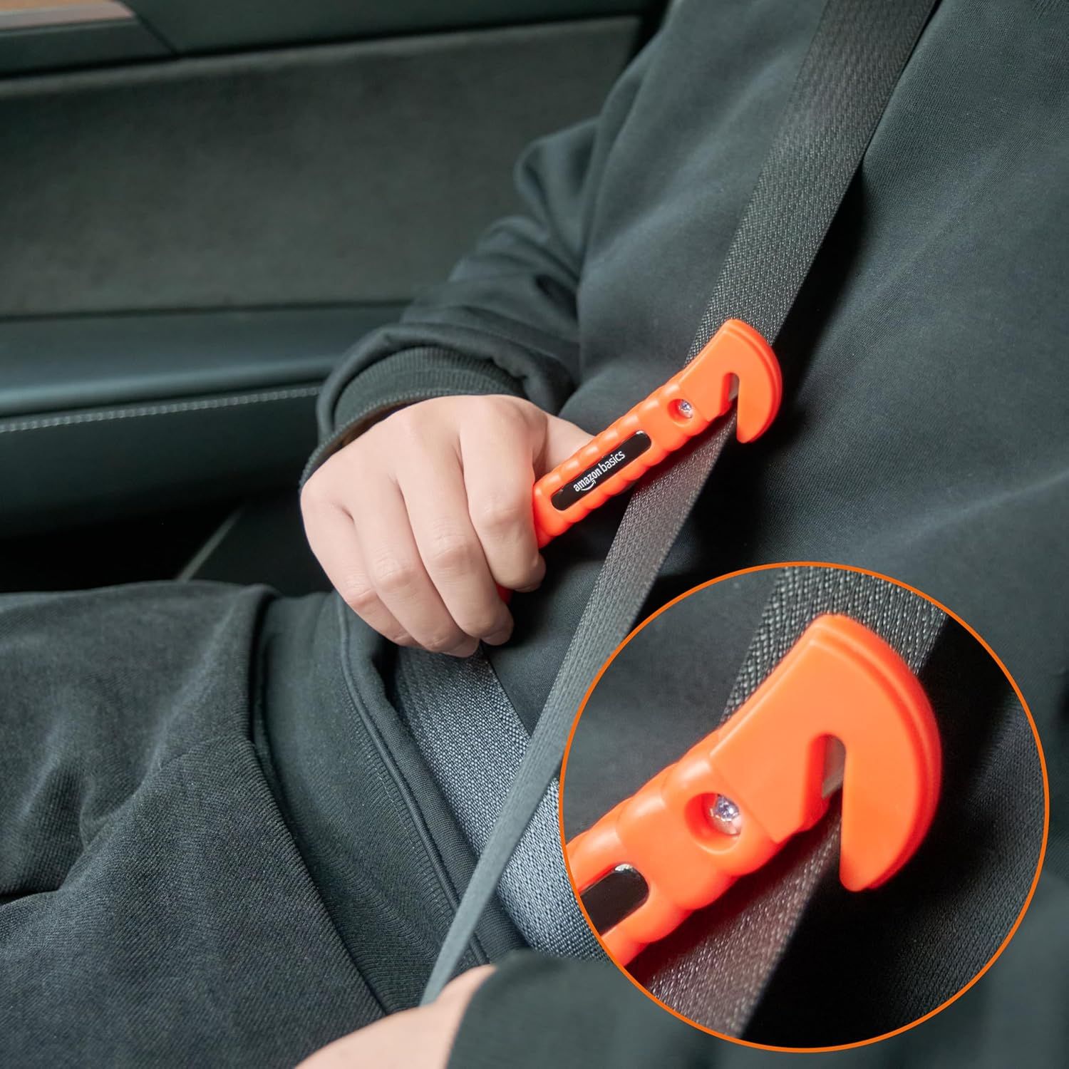Demonstrates a safety feature that allows quick escape from a vehicle in emergency situations. Highlights the product's specific function as a seatbelt cutting tool for vehicle safety.