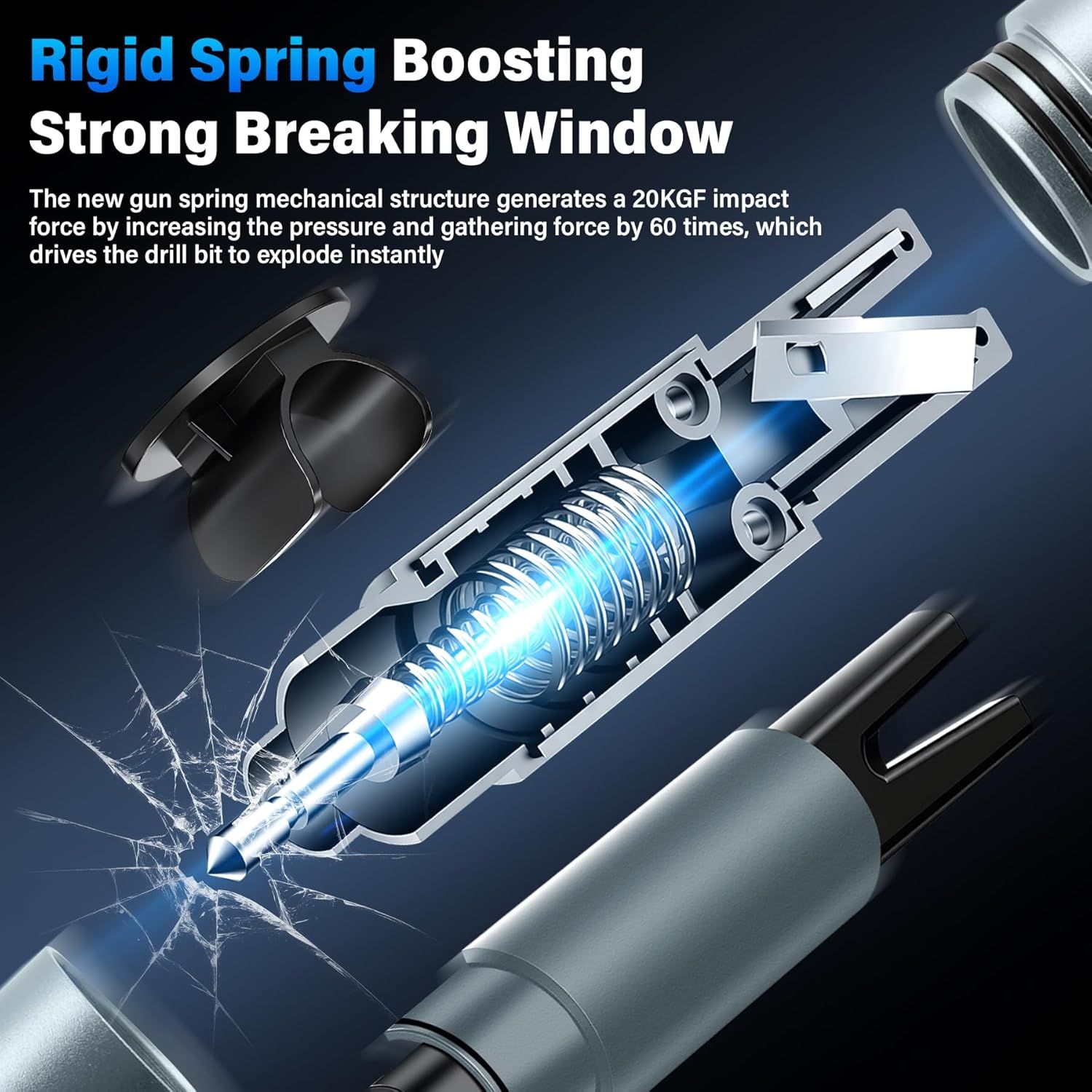 Explains the internal spring mechanism that generates high impact force for breaking windows, highlighting the product's effectiveness and engineering. Emphasizes the product's ability to break…