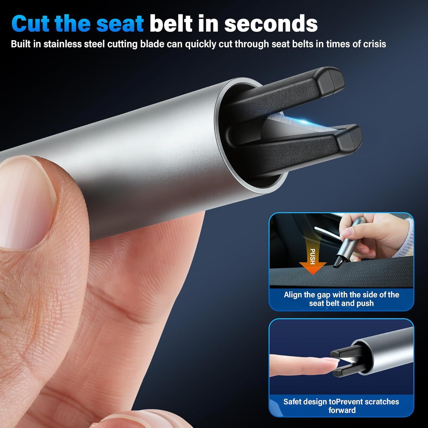 Highlights the product's ability to quickly cut through seat belts in emergency situations, emphasizing its safety feature.