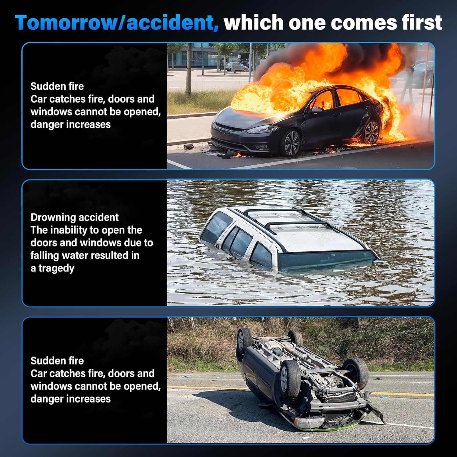 Highlights potential dangers of car accidents to emphasize the need for safety features or precautions.