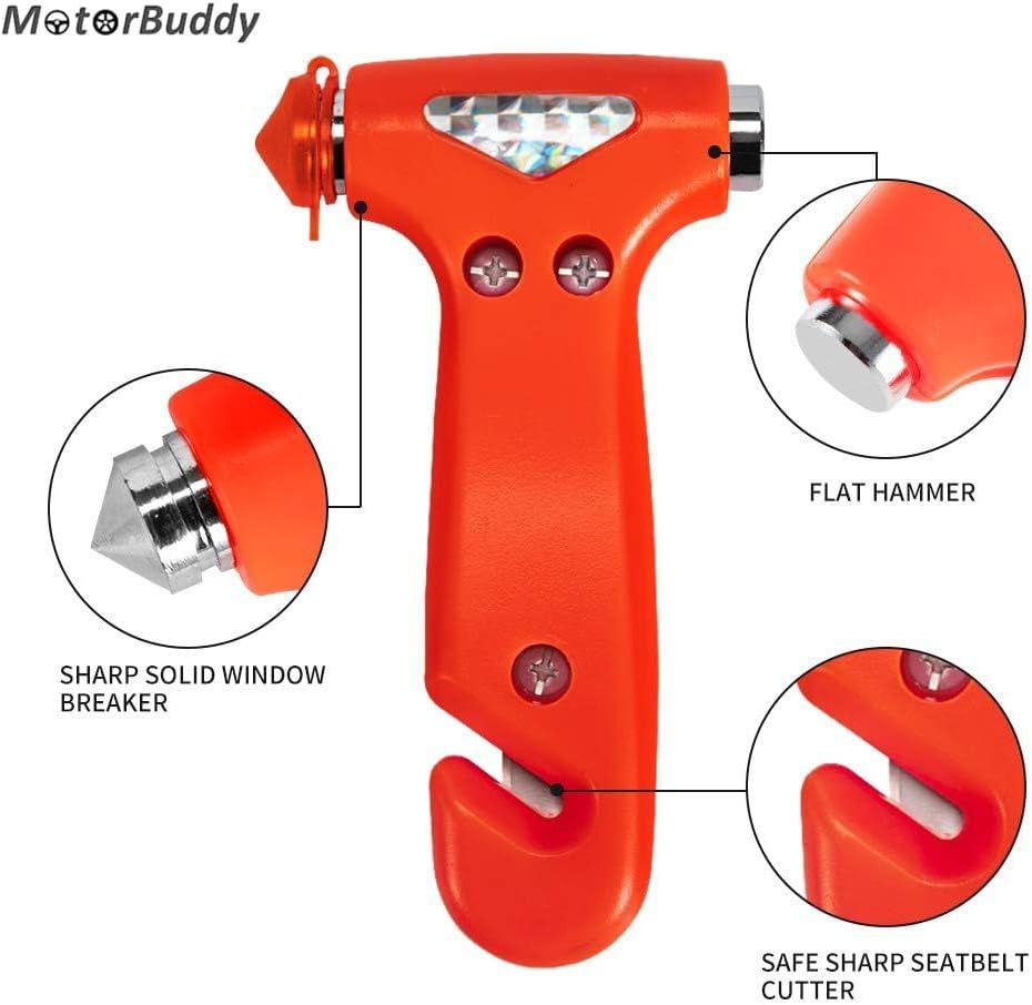 Highlights the key safety features and multi-functional design of the emergency tool, showing its window breaker, seatbelt cutter, and flashlight components.