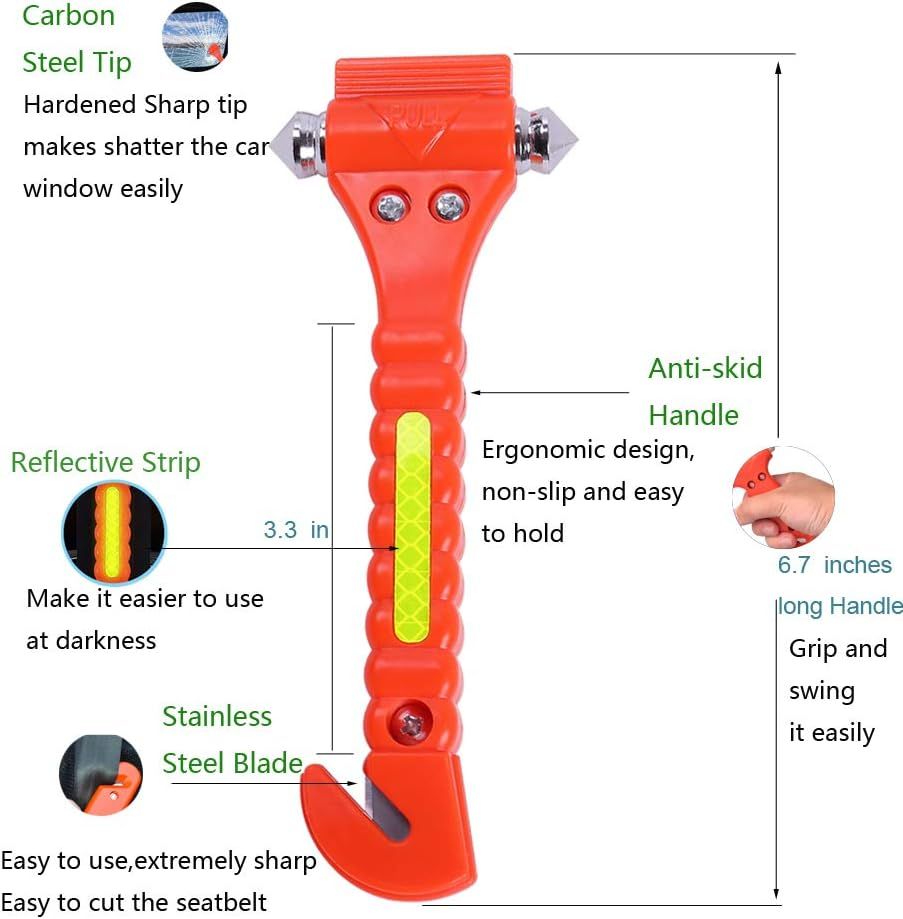 Highlights the key components and safety features of the emergency car escape tool, showing how it's designed for easy and effective use.