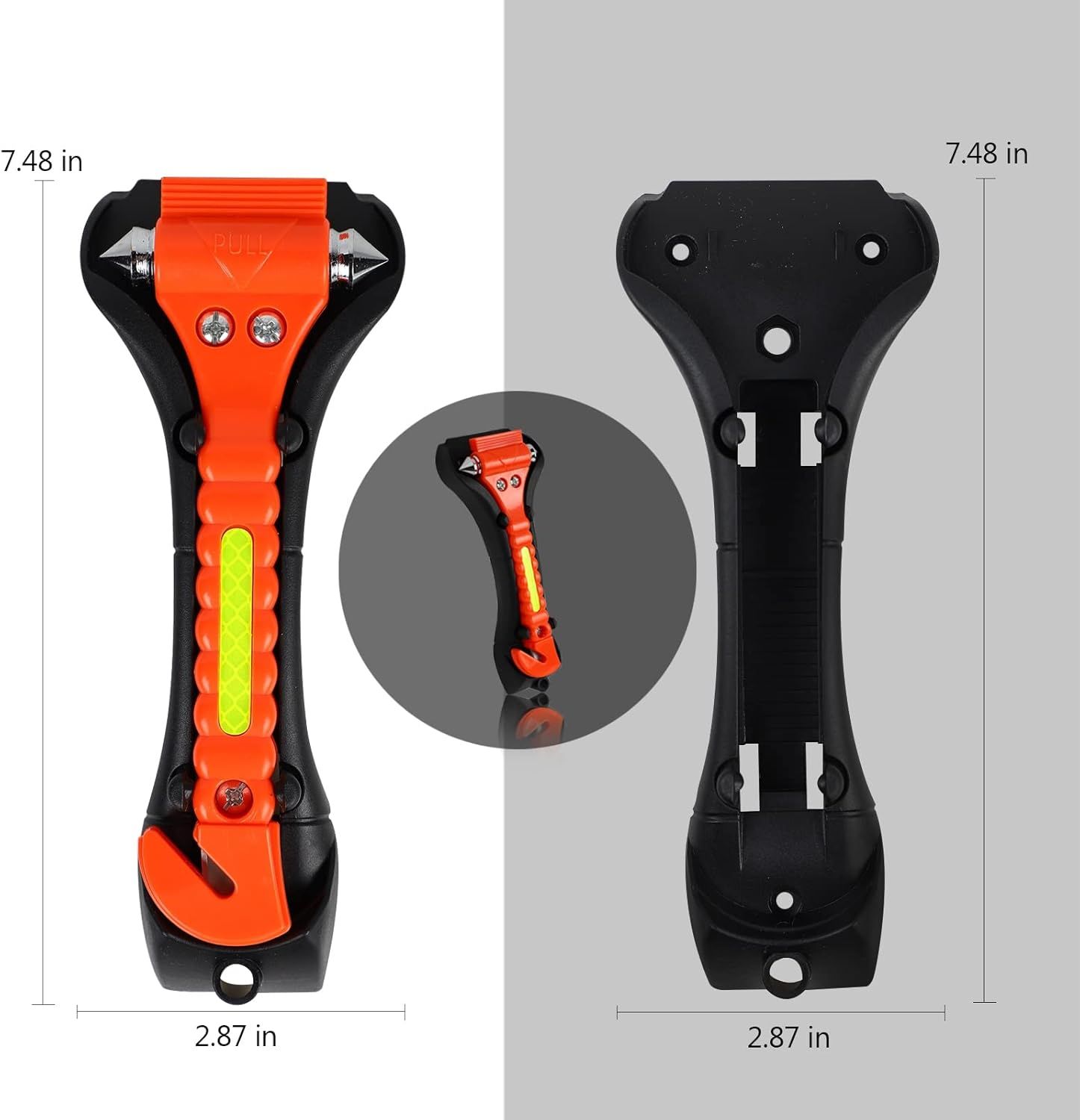 Provides exact measurements of the product to eliminate confusion about its size and shape. Highlights key design features like the reflective strip and emergency hammer points, emphasizing safety…