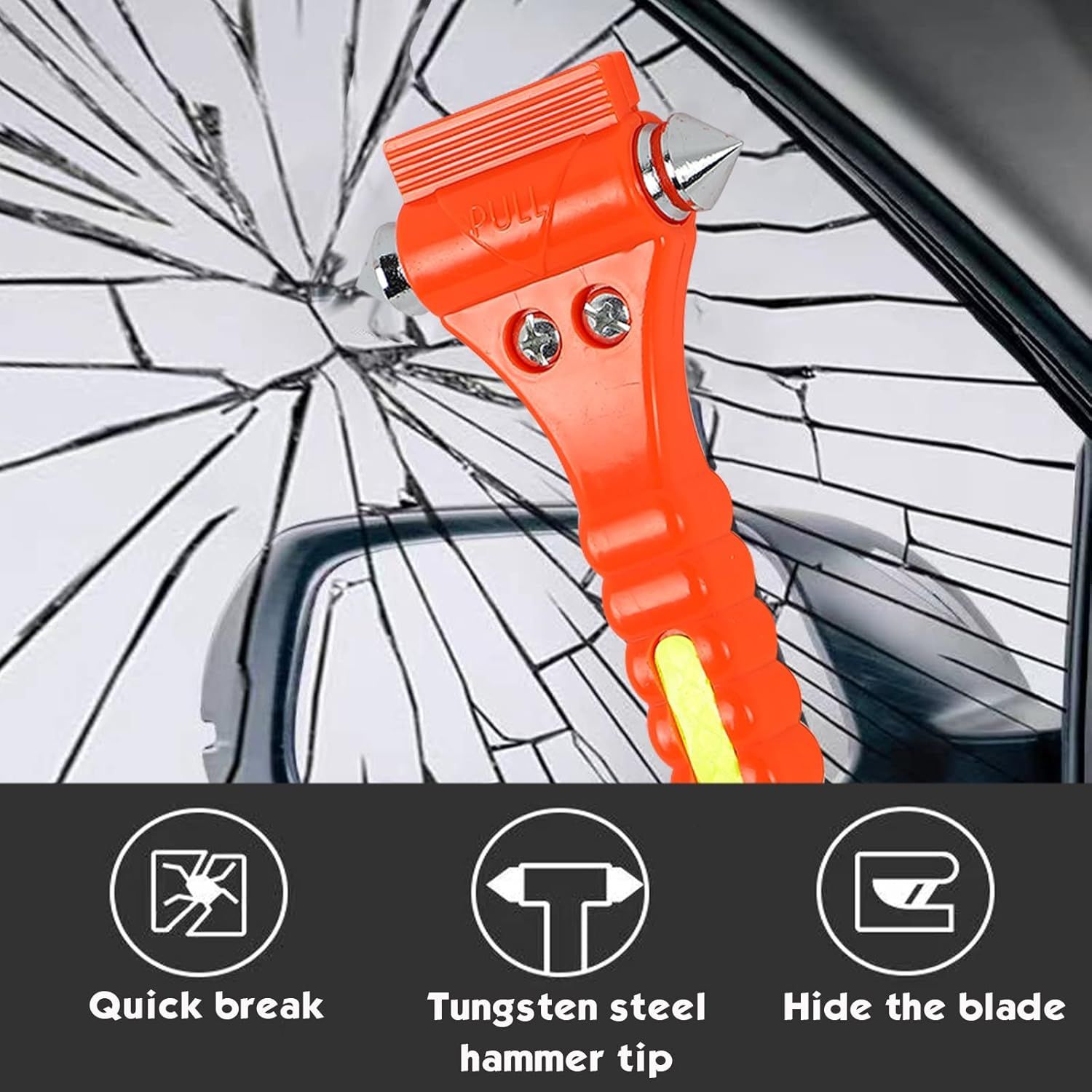 Highlights the product's ability to quickly break car windows in an emergency, providing a sense of safety and preparedness to potential buyers.
