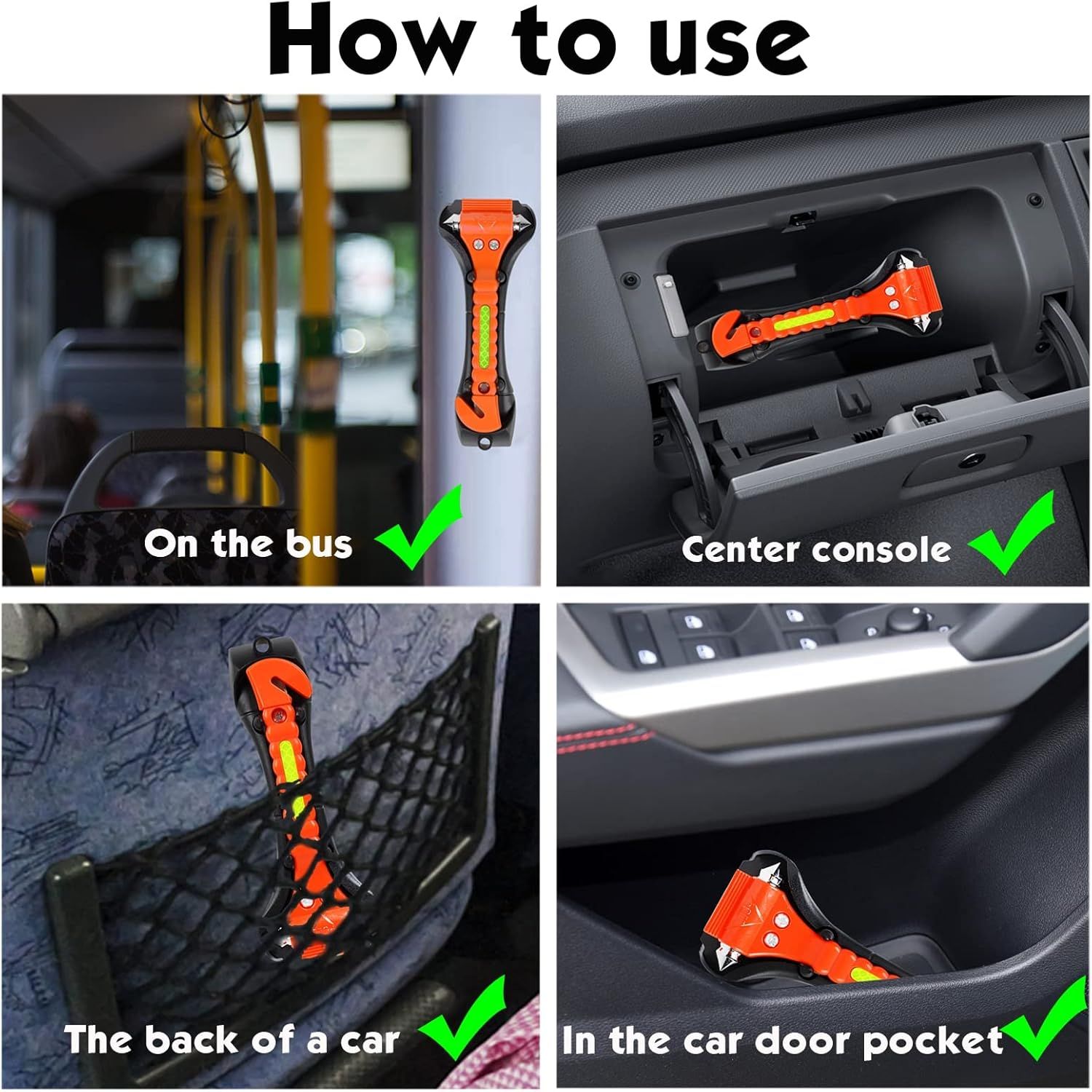 Demonstrates various ways and locations to store and access the safety tool in different vehicle types and public transportation.