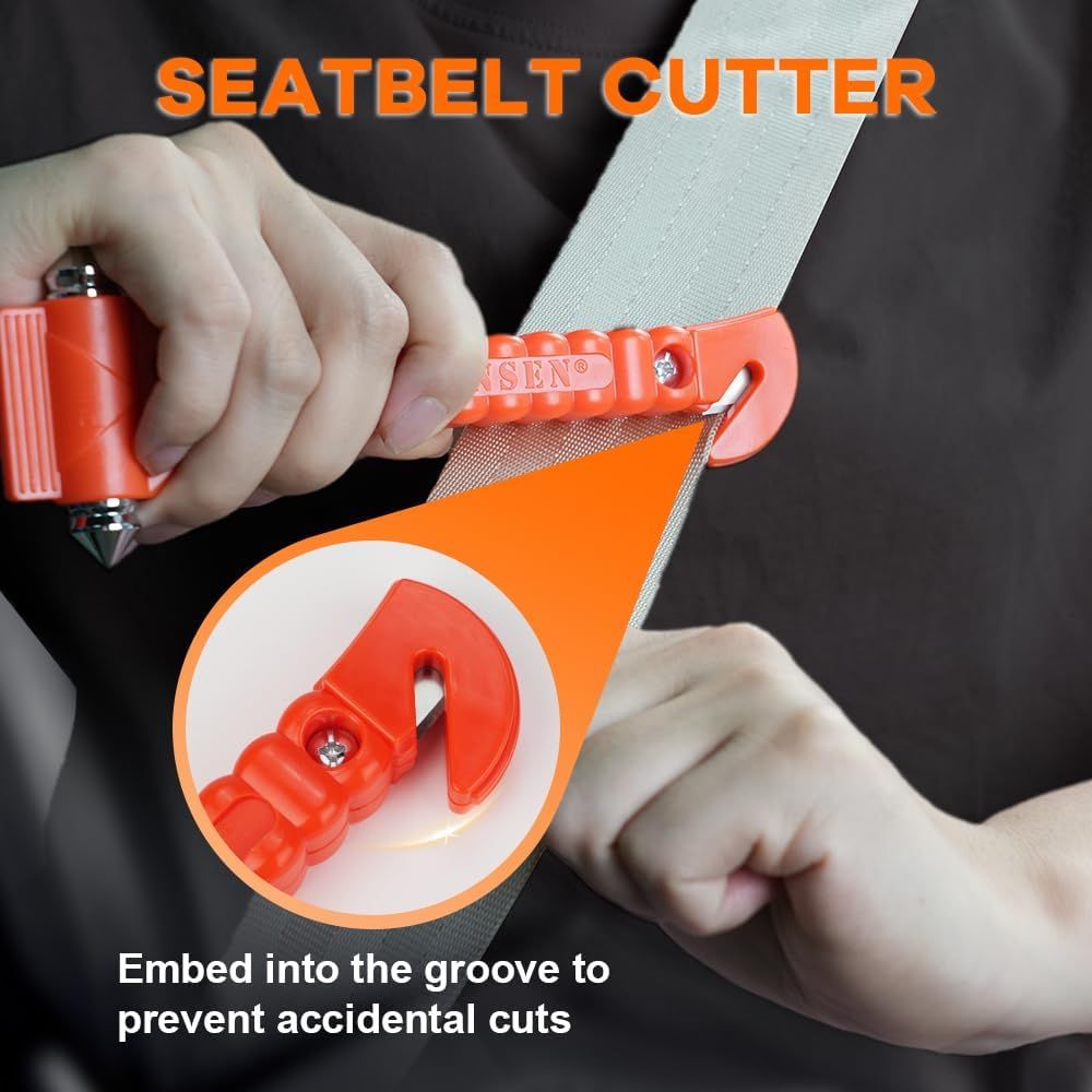 Demonstrates how to properly use the seatbelt cutter tool in an emergency situation, emphasizing its safety features to prevent accidental cuts. Highlights the product's safety feature of embedding…