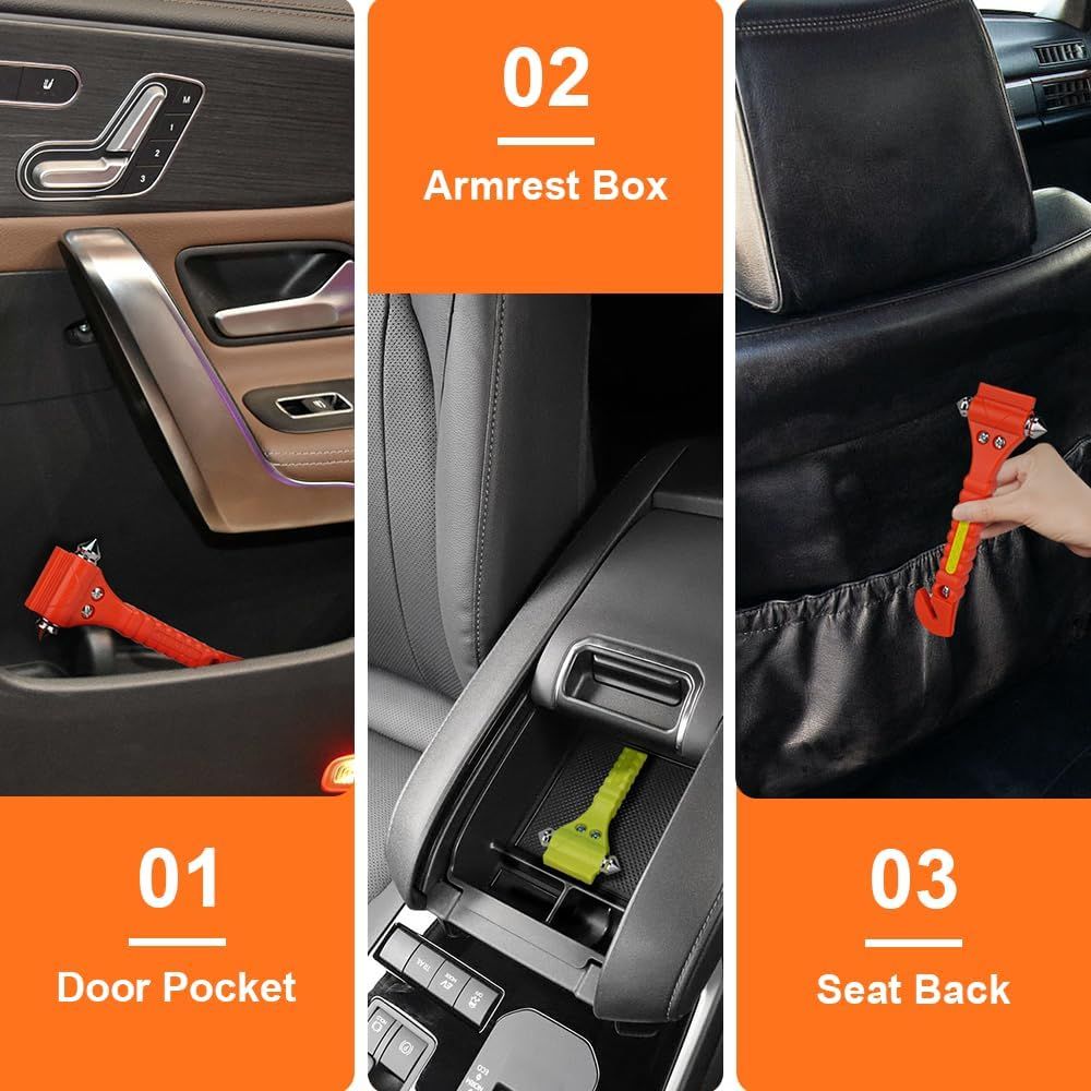 Demonstrates where to store emergency tools in different parts of a vehicle for quick access. Shows versatility of storing emergency tools in various vehicle compartments for different scenarios.