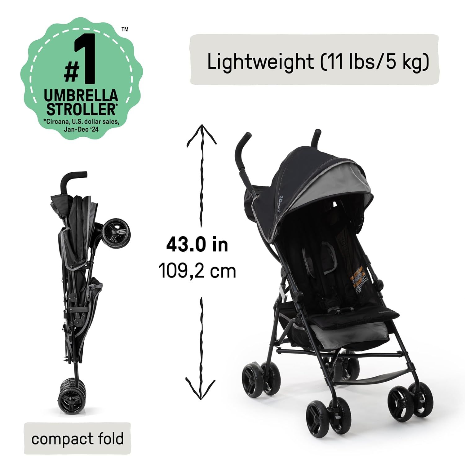 Demonstrates the stroller's lightweight design and compact folding ability for easy transport and storage. Provides specific measurements of the stroller's weight and height to help customers…