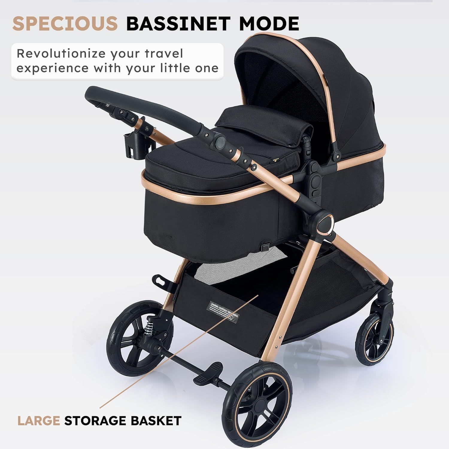 Showcases the stroller's versatility as a travel system with bassinet mode for infants, emphasizing its suitability for travel with young babies. Highlights the spacious storage basket underneath,…