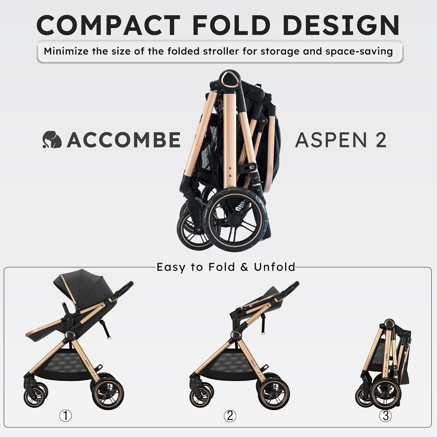 Highlights the stroller's ability to fold into a compact size for easy storage and space-saving.