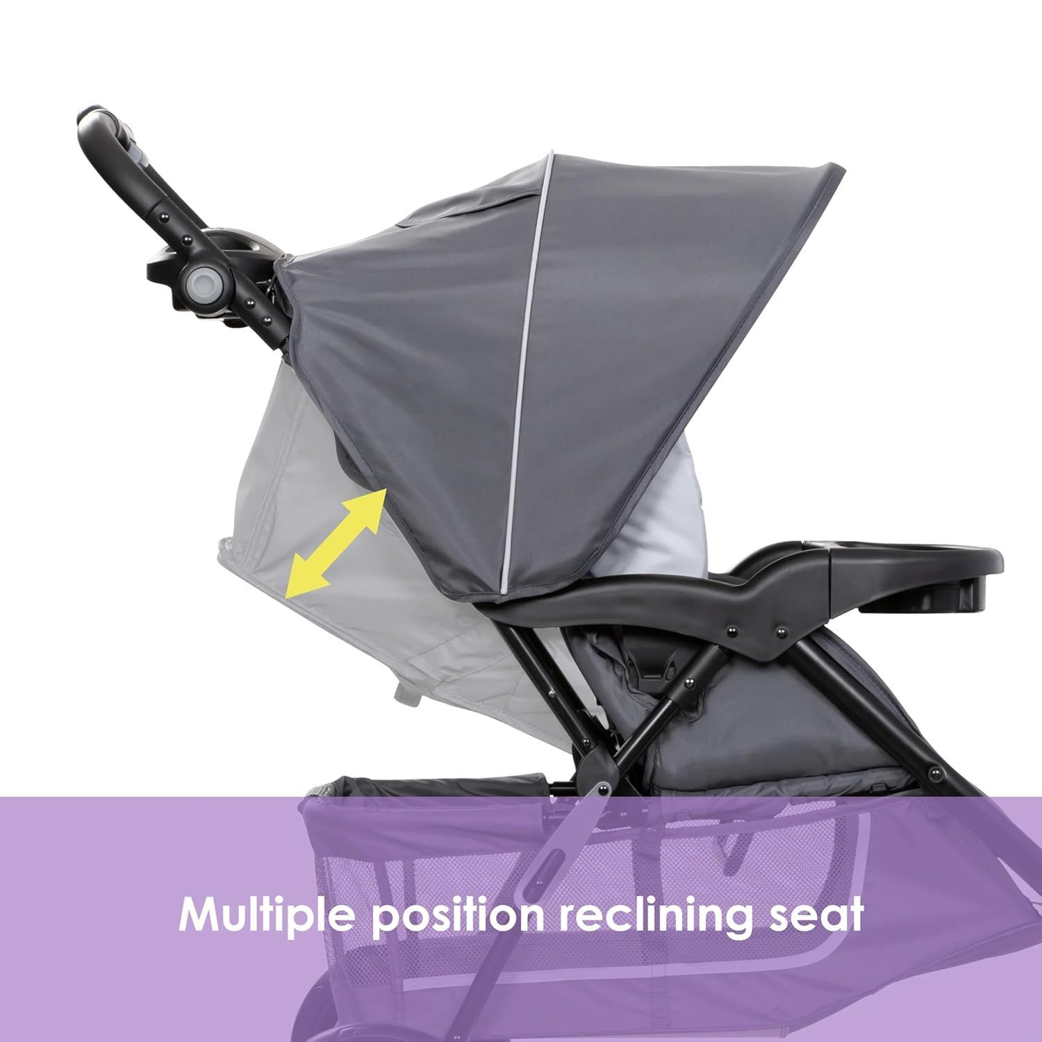 Highlights the stroller's adjustable seat feature, showing how it can recline to different positions for child comfort.