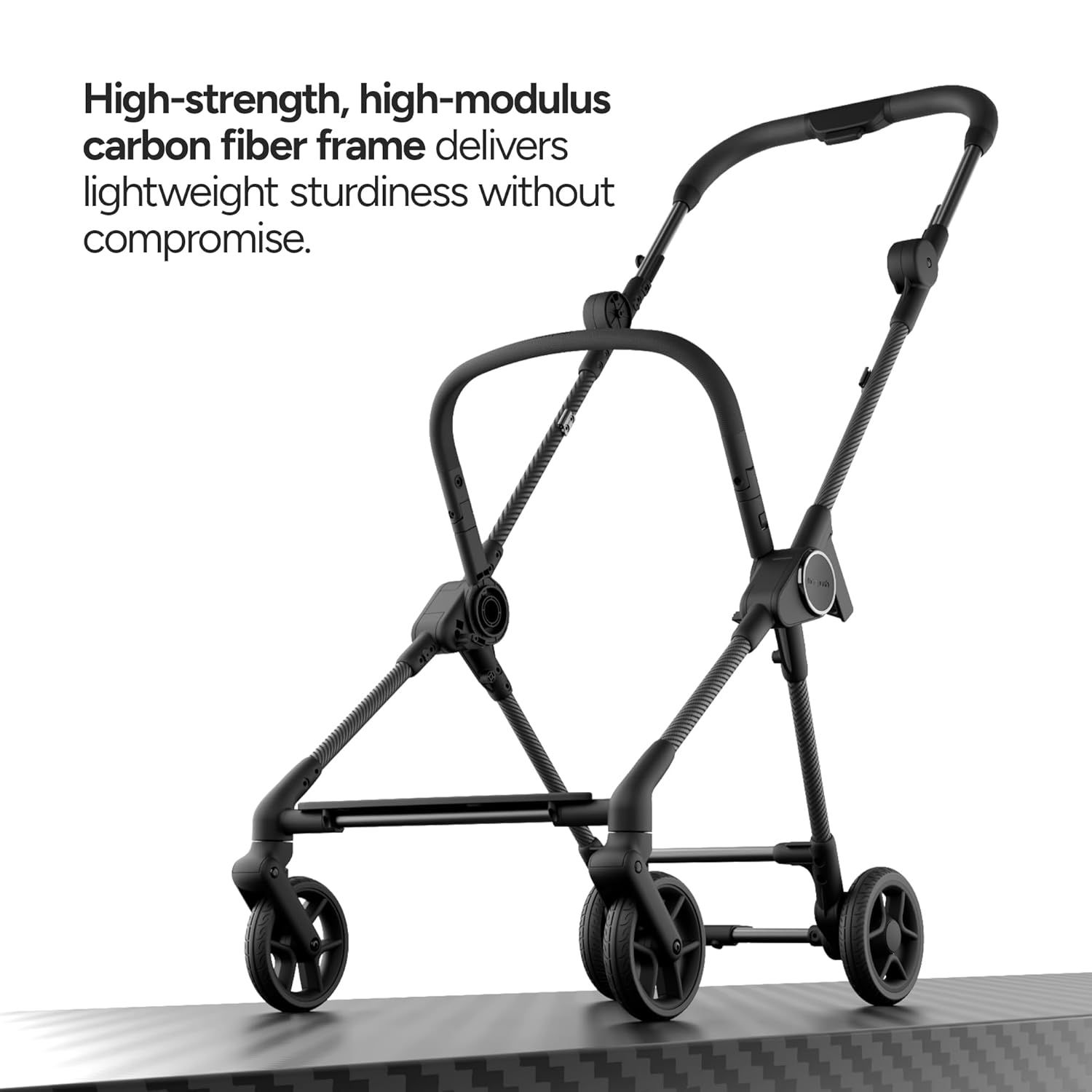 Highlights the lightweight yet sturdy carbon fiber frame to emphasize the product's premium quality and durability.