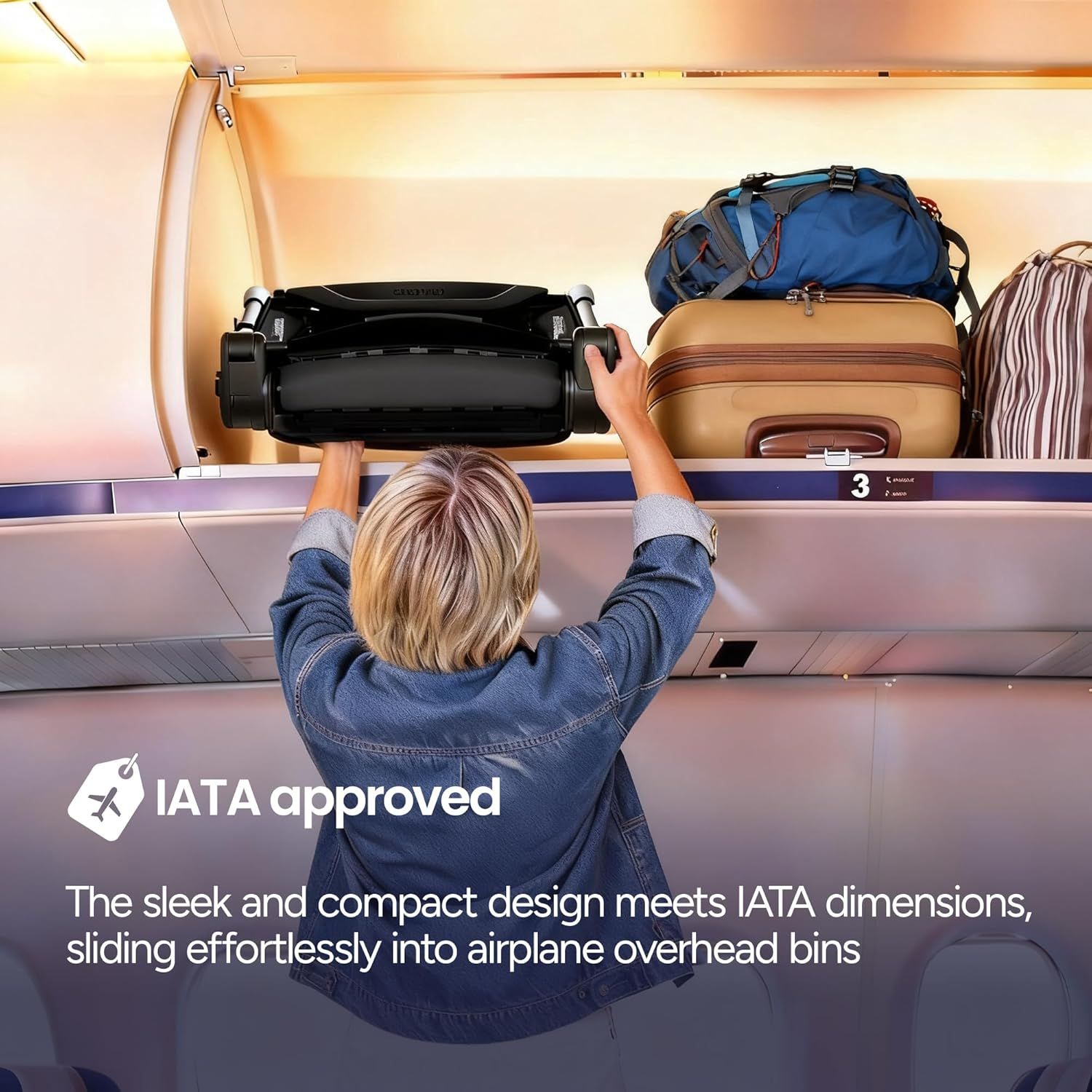 Demonstrates that the product fits easily into airplane overhead bins, reassuring travelers about its convenience for air travel. Highlights that the product meets IATA dimensions, ensuring it's…