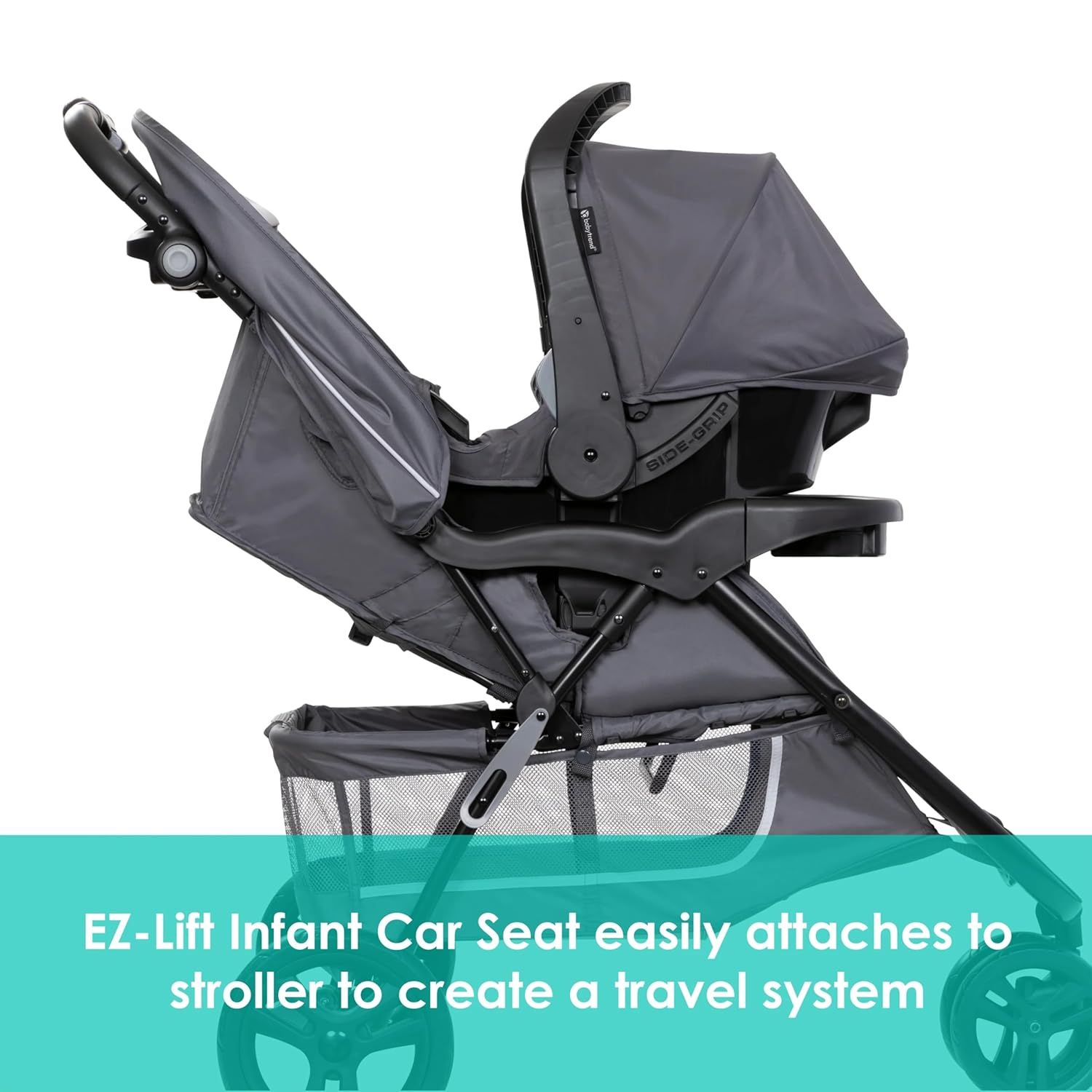 Demonstrates how the infant car seat easily attaches to the stroller to create a convenient travel system for parents.