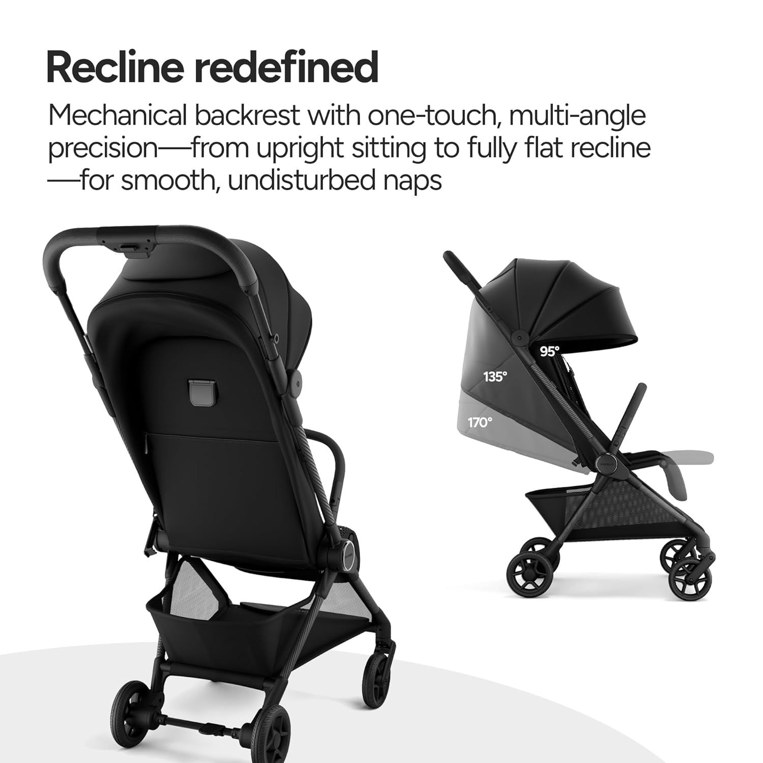 Highlights the stroller's multi-angle reclining feature and its benefit for comfortable naps, emphasizing versatility and comfort for the child.