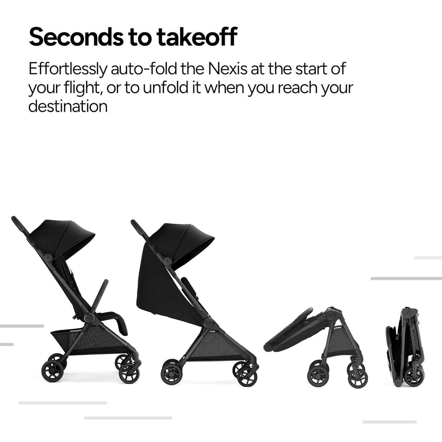 Highlights the Nexis stroller's effortless auto-folding feature for convenient travel and storage.