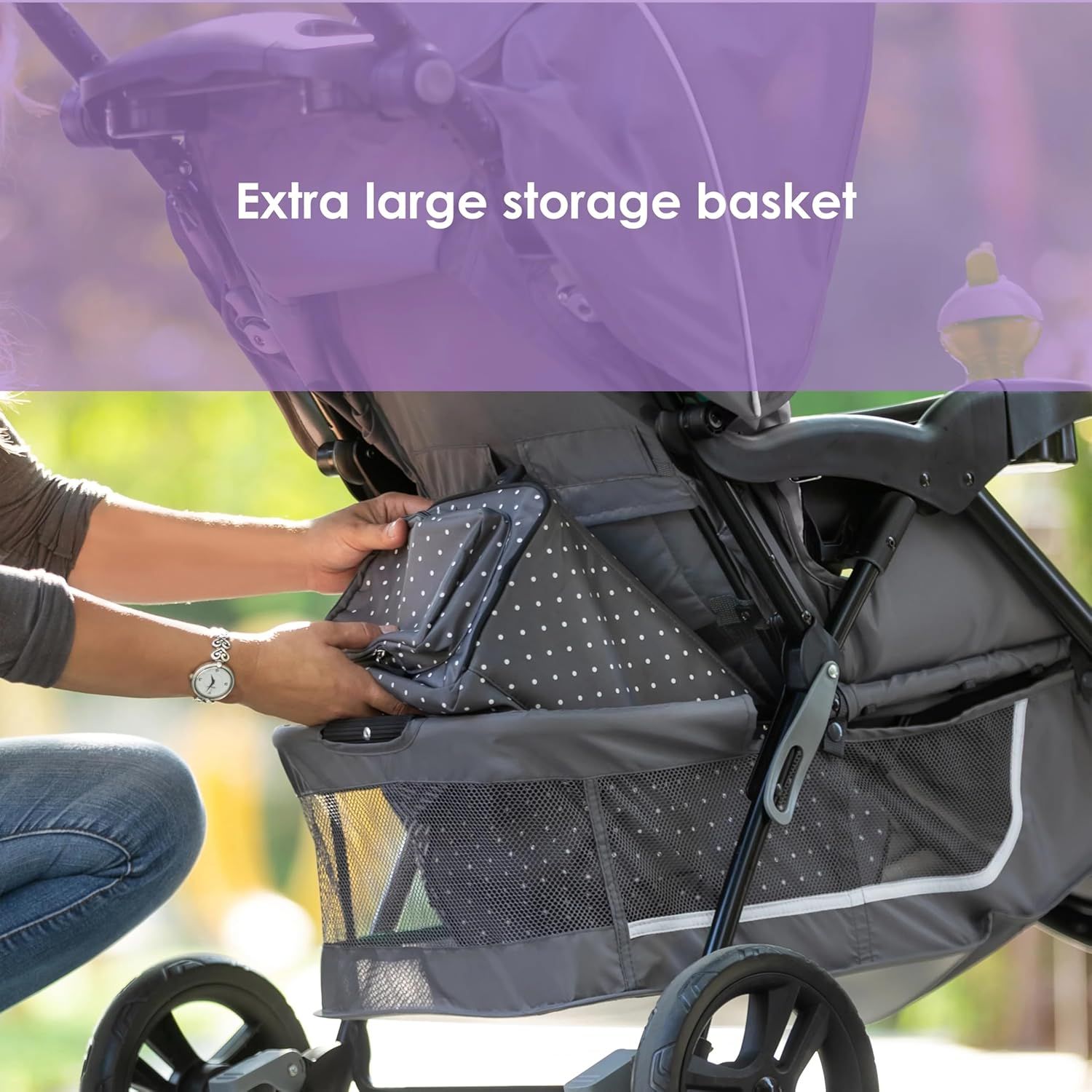 Highlights the stroller's spacious storage capacity to appeal to parents who need to carry lots of items.