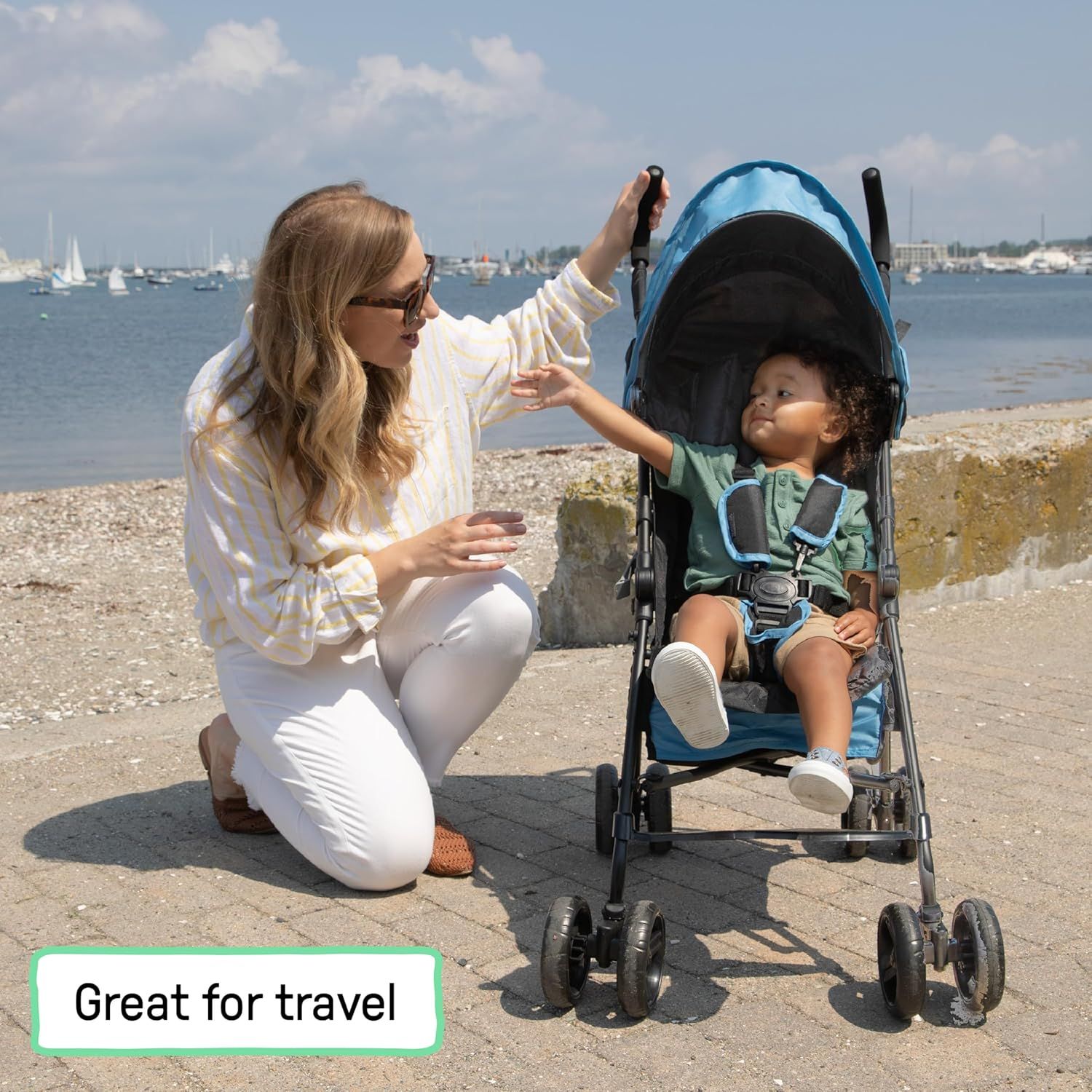 Demonstrates the stroller's suitability for travel and outdoor use, showing it can be used comfortably in various settings like the beach. Shows the product being used in a real-world context,…