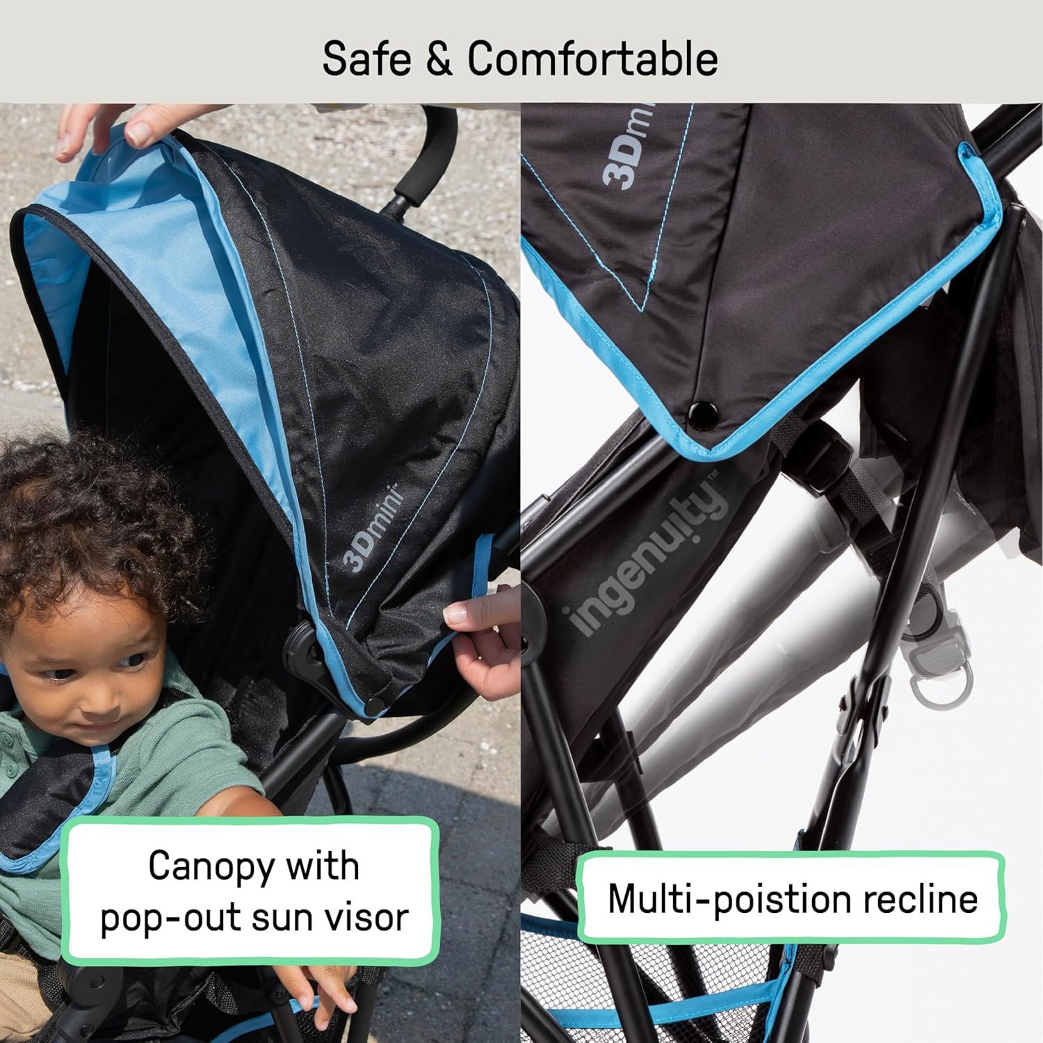 Highlights multiple safety and comfort features of the stroller to reassure parents about their child's wellbeing during use. Emphasizes the stroller's safety features and comfortable design to…
