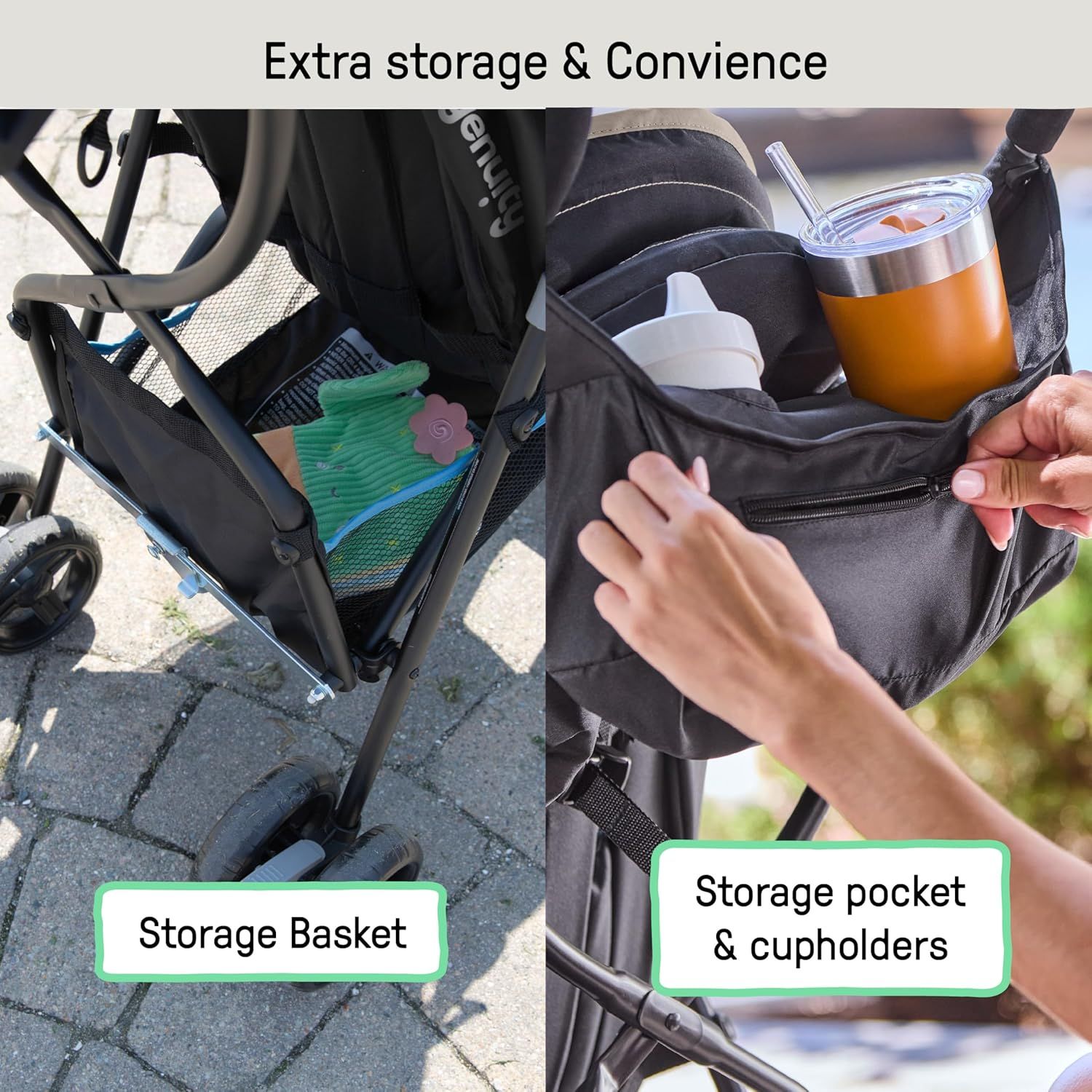 Highlights multiple storage and convenience features of the stroller, including a storage basket and pockets with cupholders.