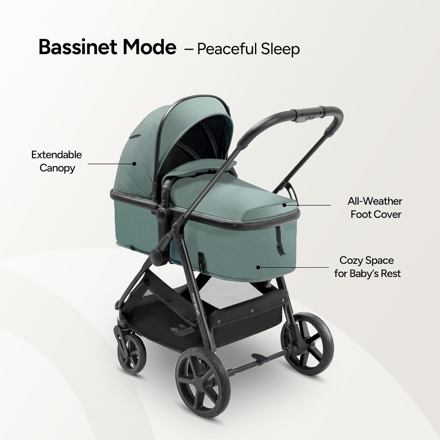 Highlights key features of the stroller's bassinet mode to show how it provides a comfortable and safe sleeping environment for infants.