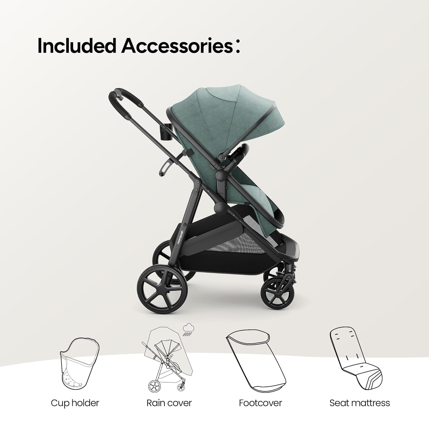 Shows all the additional accessories included with the stroller purchase, highlighting the value and completeness of the package.